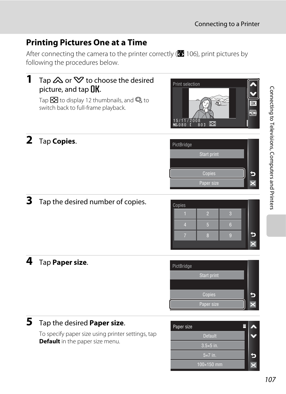 Printing pictures one at a time, A 107), Tap copies | Tap the desired number of copies, Tap paper size, Tap the desired paper size | Nikon S60 User Manual | Page 119 / 184