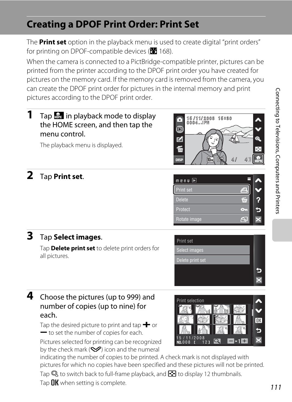 Creating a dpof print order: print set, A 111) or prote, A 111) to | A 111), Tap print set, Tap select images | Nikon S60 User Manual | Page 123 / 184