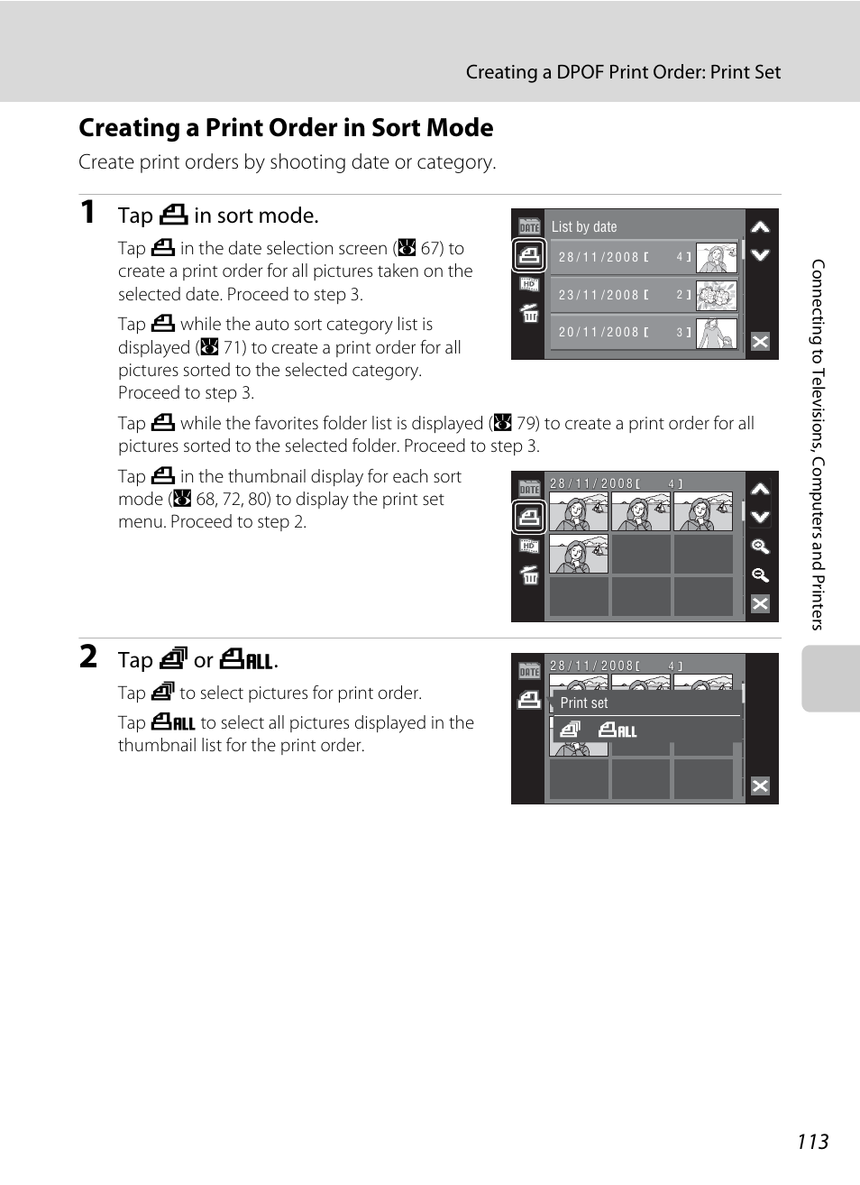 Creating a print order in sort mode, Tap x in sort mode, Tap q or p | Create print orders by shooting date or category, Creating a dpof print order: print set | Nikon S60 User Manual | Page 125 / 184