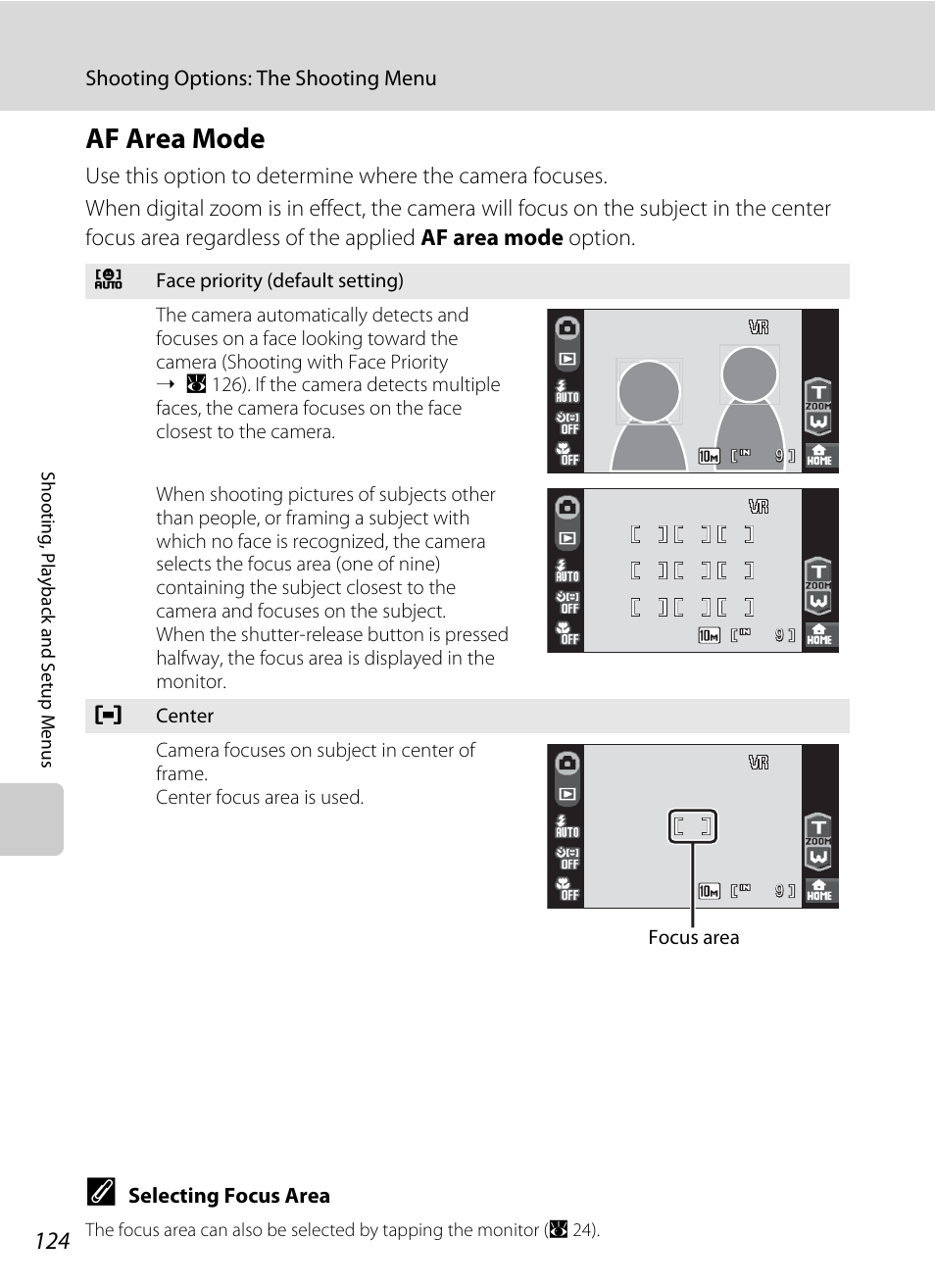 Af area mode, A 124 | Nikon S60 User Manual | Page 136 / 184