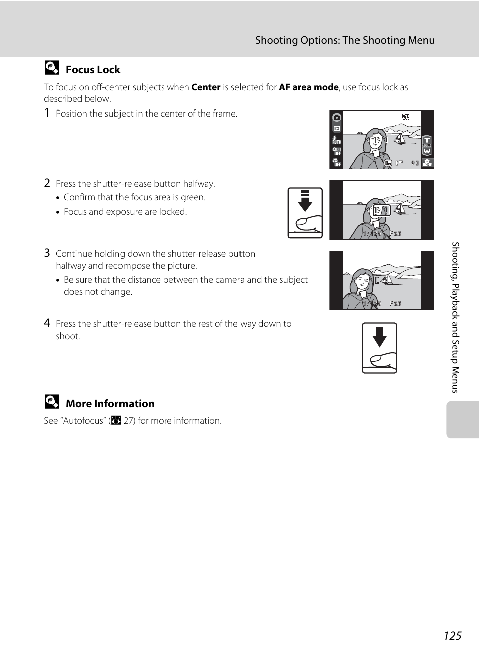 Lock, A 125, Shooting options: the shooting menu | Focus lock, More information | Nikon S60 User Manual | Page 137 / 184