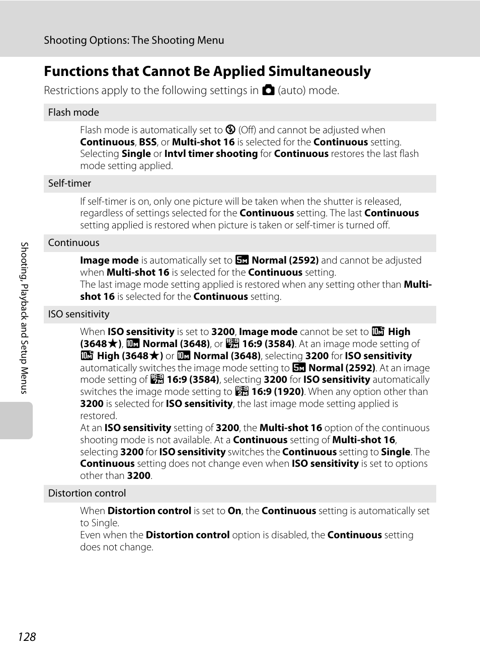 Functions that cannot be applied simultaneously, A 128 | Nikon S60 User Manual | Page 140 / 184