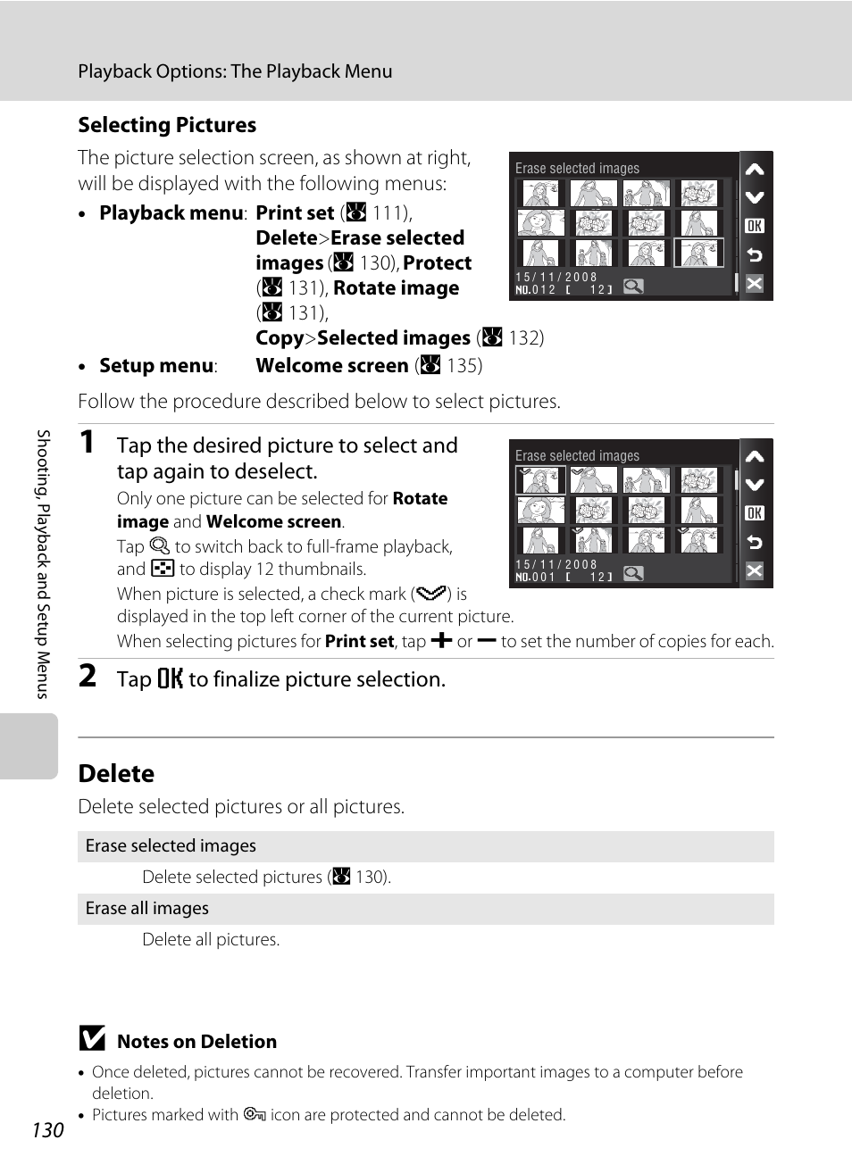 Delete, A 130) i, A 130 | Selecting pictures, Tap e to finalize picture selection | Nikon S60 User Manual | Page 142 / 184