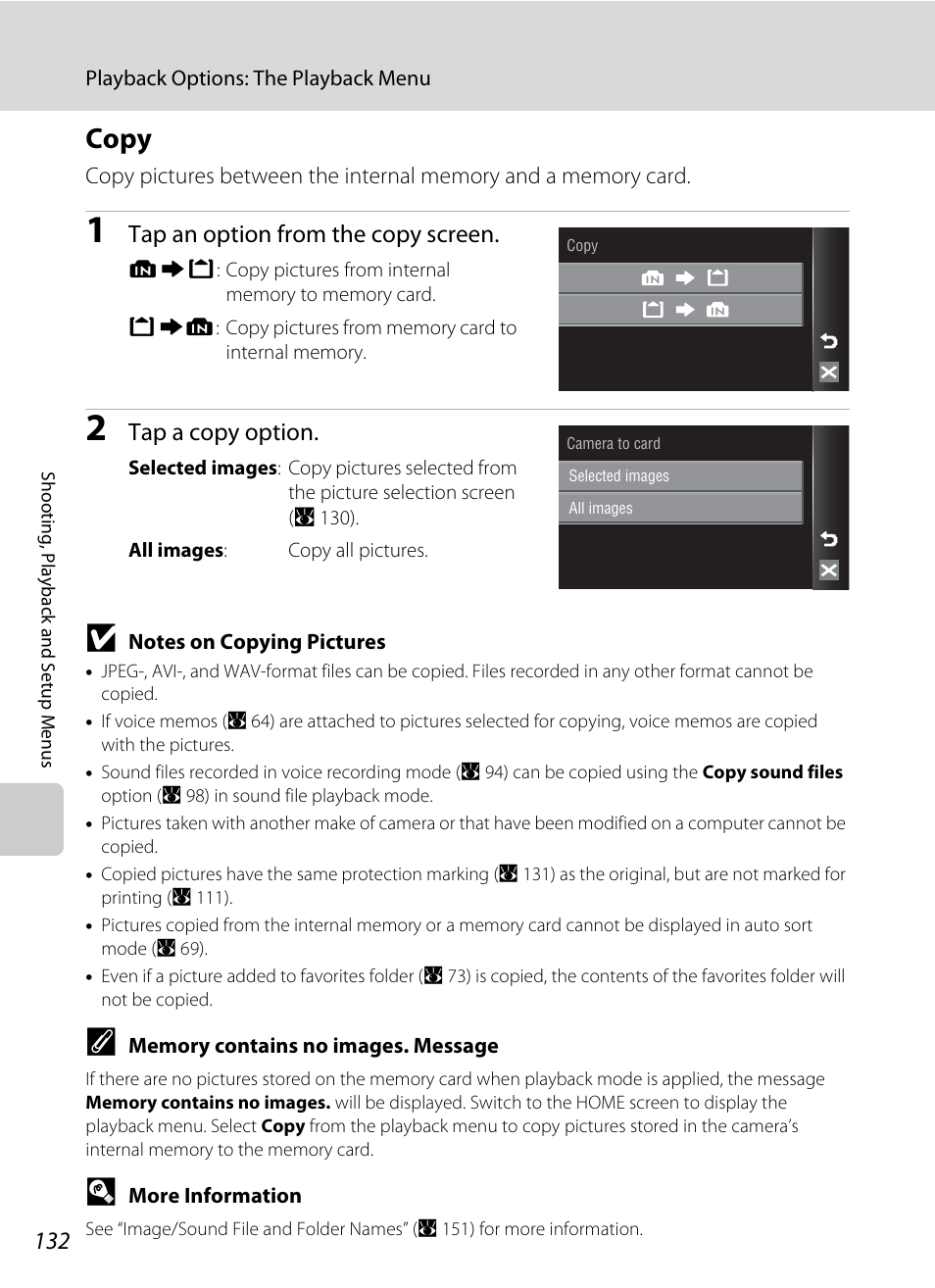 Copy, A 132) c, A 132 | A 132), Tap an option from the copy screen, Tap a copy option | Nikon S60 User Manual | Page 144 / 184