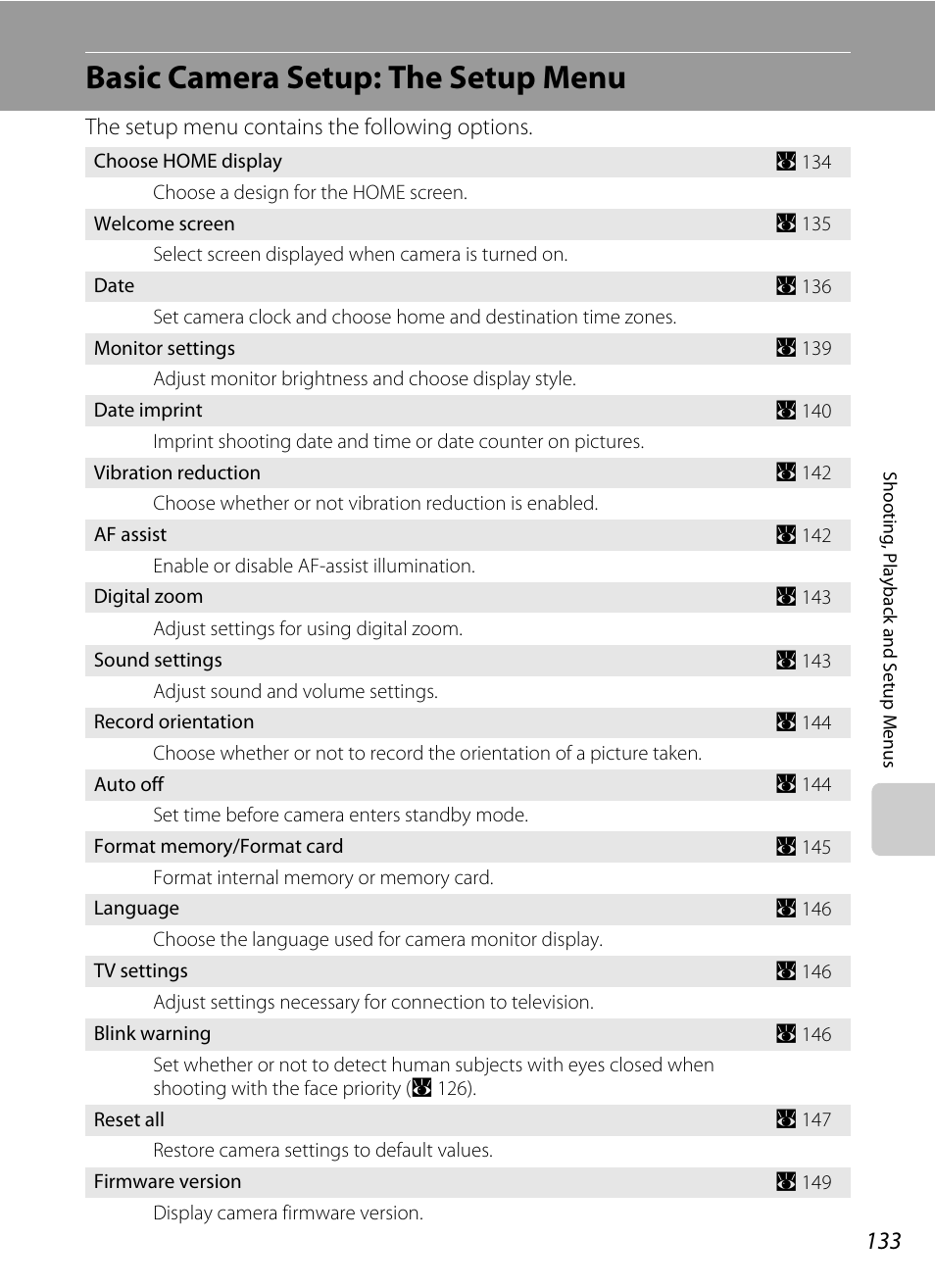 Basic camera setup: the setup menu, Tup menu (a 133, A 133) | Tup menu (a 133), A 133), w, Menu (a 133) to | Nikon S60 User Manual | Page 145 / 184