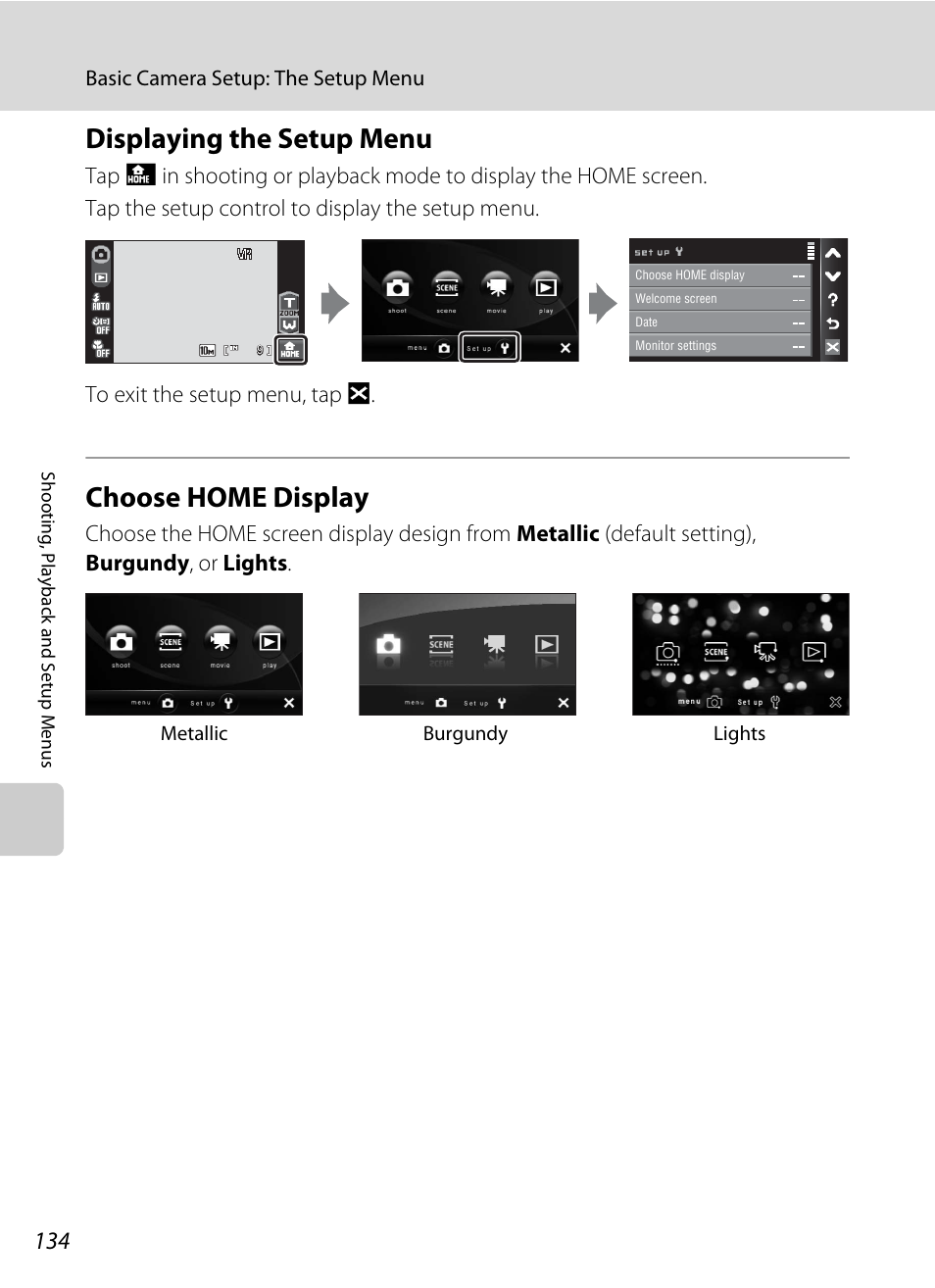 Displaying the setup menu, Choose home display, Displaying the setup menu choose home display | A 134) i, A 134 | Nikon S60 User Manual | Page 146 / 184