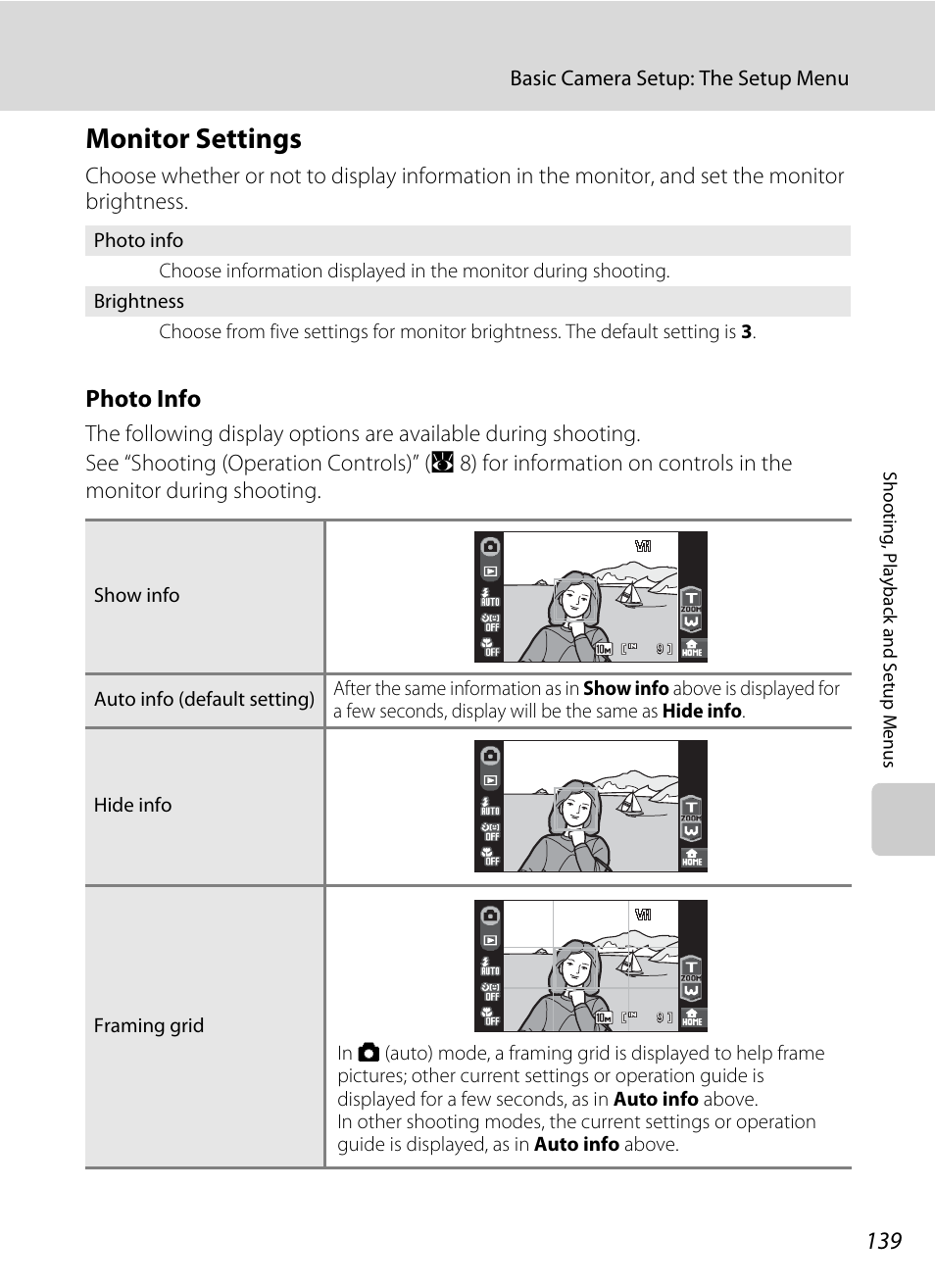 Monitor settings, A 139), A 139 | Photo info | Nikon S60 User Manual | Page 151 / 184