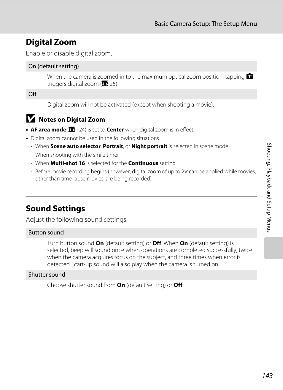 Digital zoom, Sound settings, Digital zoom sound settings | A 143) i, A 143 | Nikon S60 User Manual | Page 155 / 184