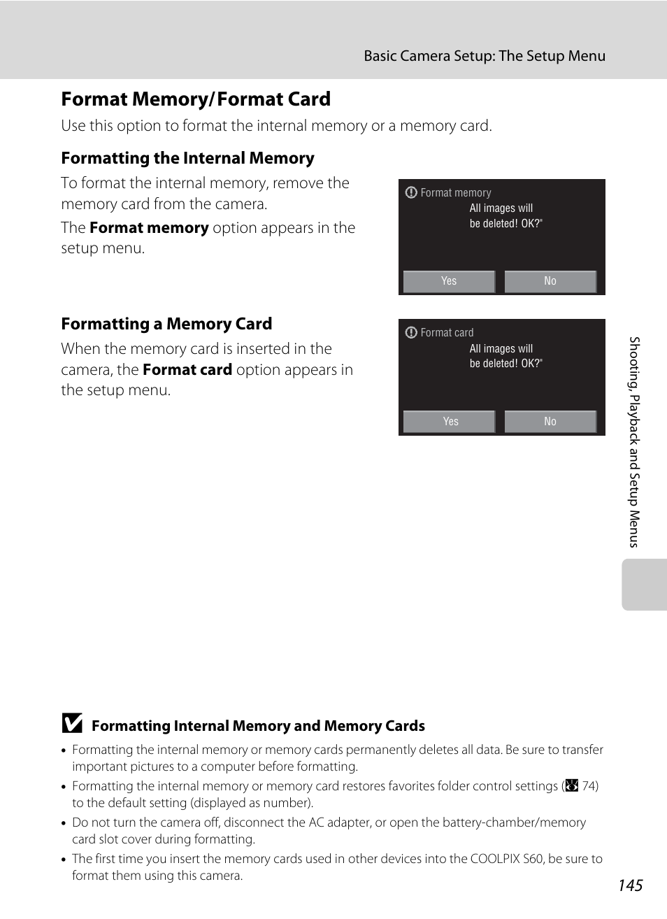 Format memory/ format card, Format memory/format card, A 145). note | A 145), A 145 | Nikon S60 User Manual | Page 157 / 184