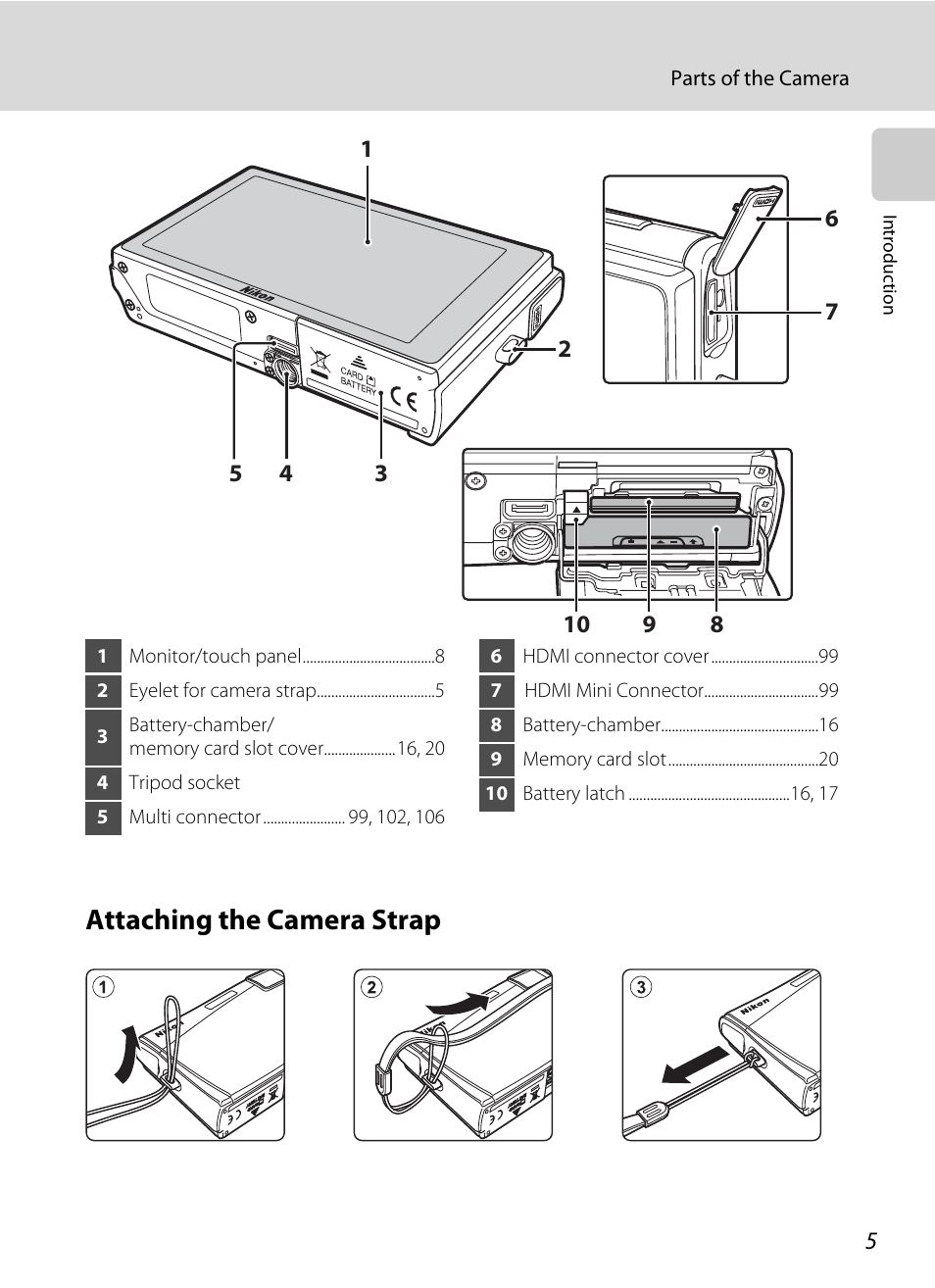Attaching the camera strap | Nikon S60 User Manual | Page 17 / 184