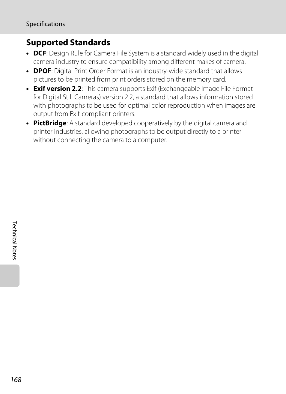 Supported standards, Tible, A 168) p | A 168) | Nikon S60 User Manual | Page 180 / 184