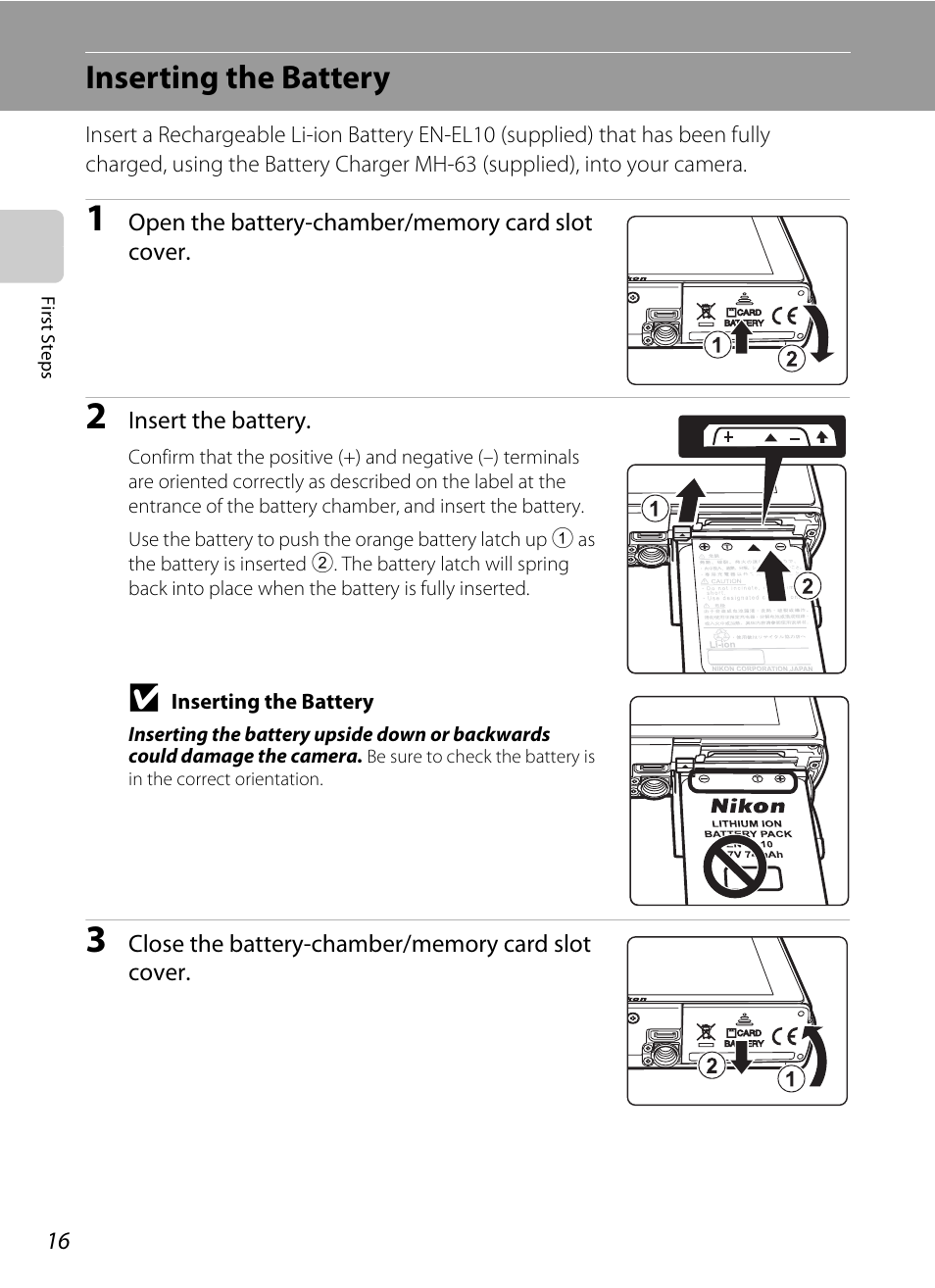 Inserting the battery | Nikon S60 User Manual | Page 28 / 184