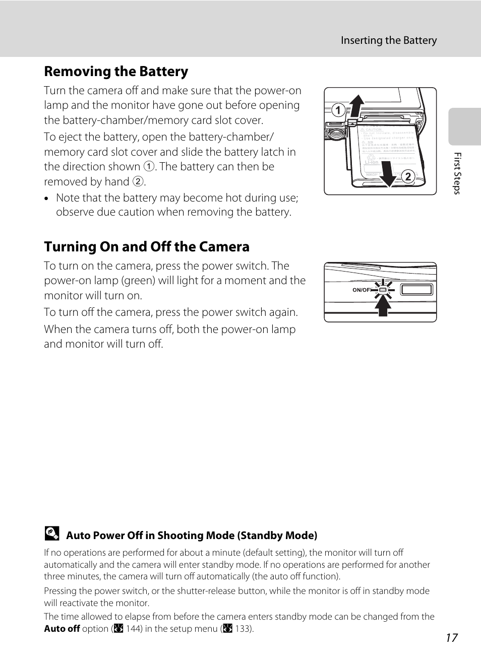 Removing the battery, Turning on and off the camera, Removing the battery turning on and off the camera | Nikon S60 User Manual | Page 29 / 184