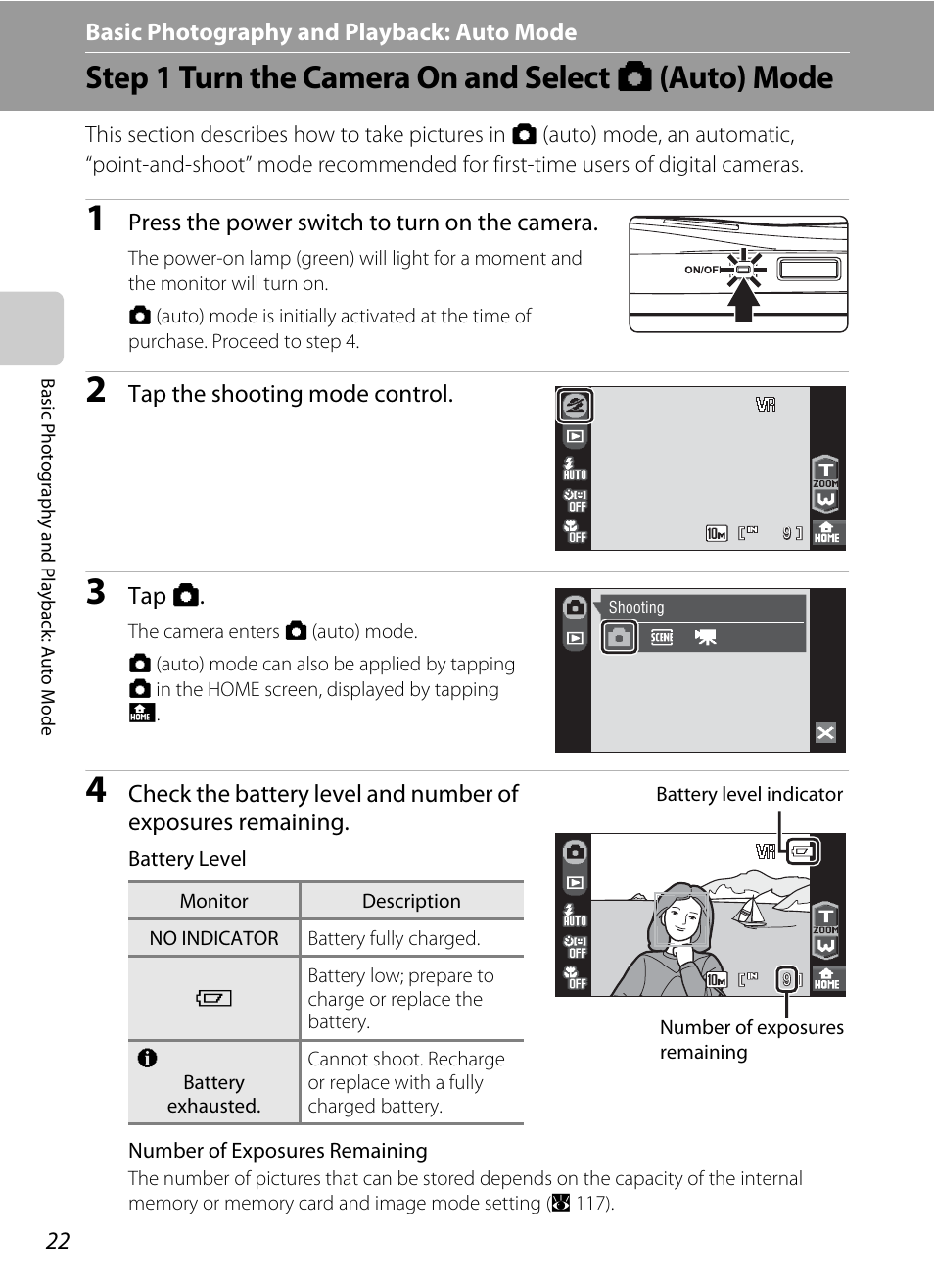 Basic photography and playback: auto mode, Step 1 turn the camera on and select auto mode, A basic photography and playback: auto mode | Step 1 turn the camera on and select a (auto) mode | Nikon S60 User Manual | Page 34 / 184