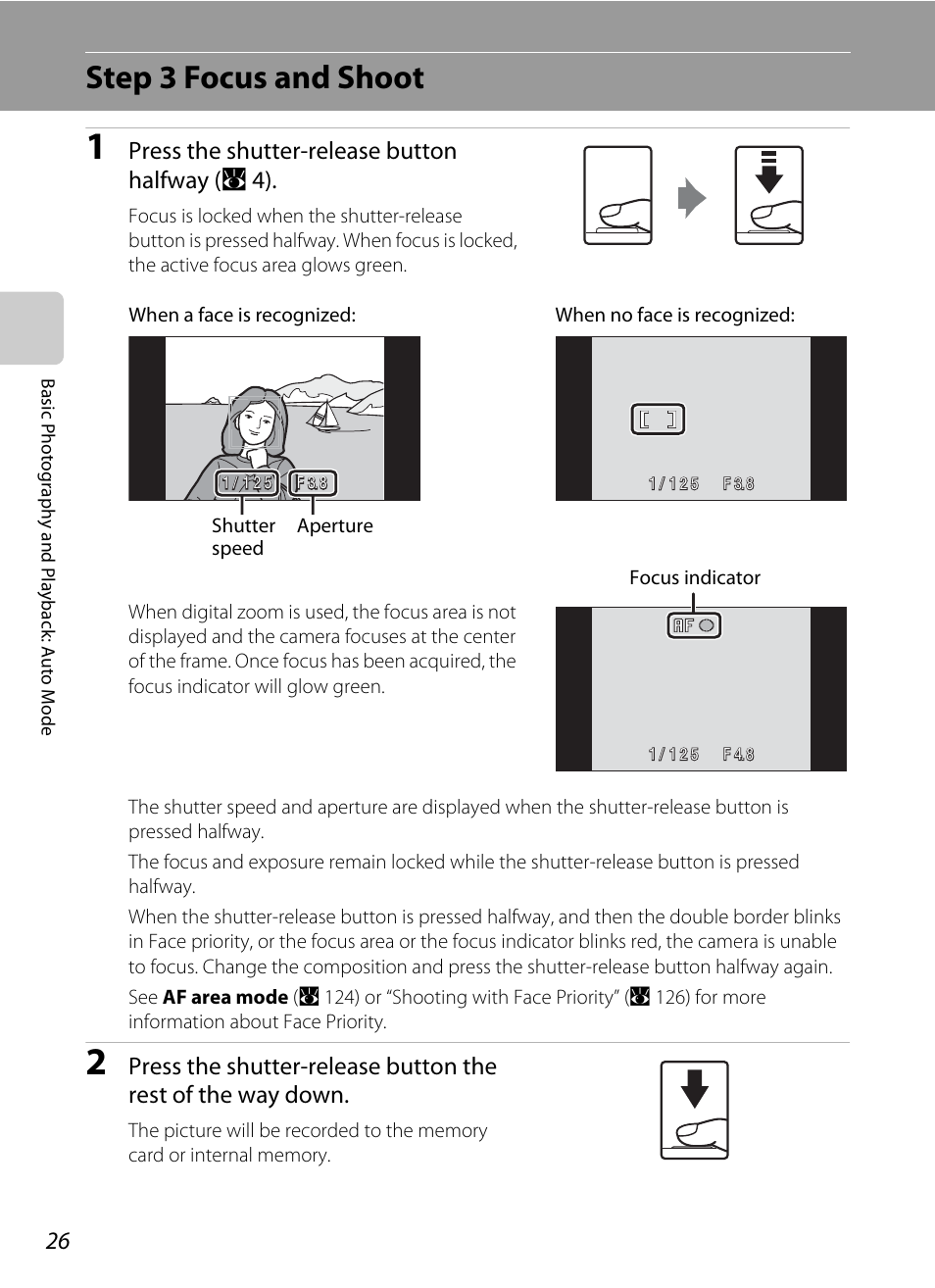 Step 3 focus and shoot, Press the shutter-release button halfway ( a 4) | Nikon S60 User Manual | Page 38 / 184
