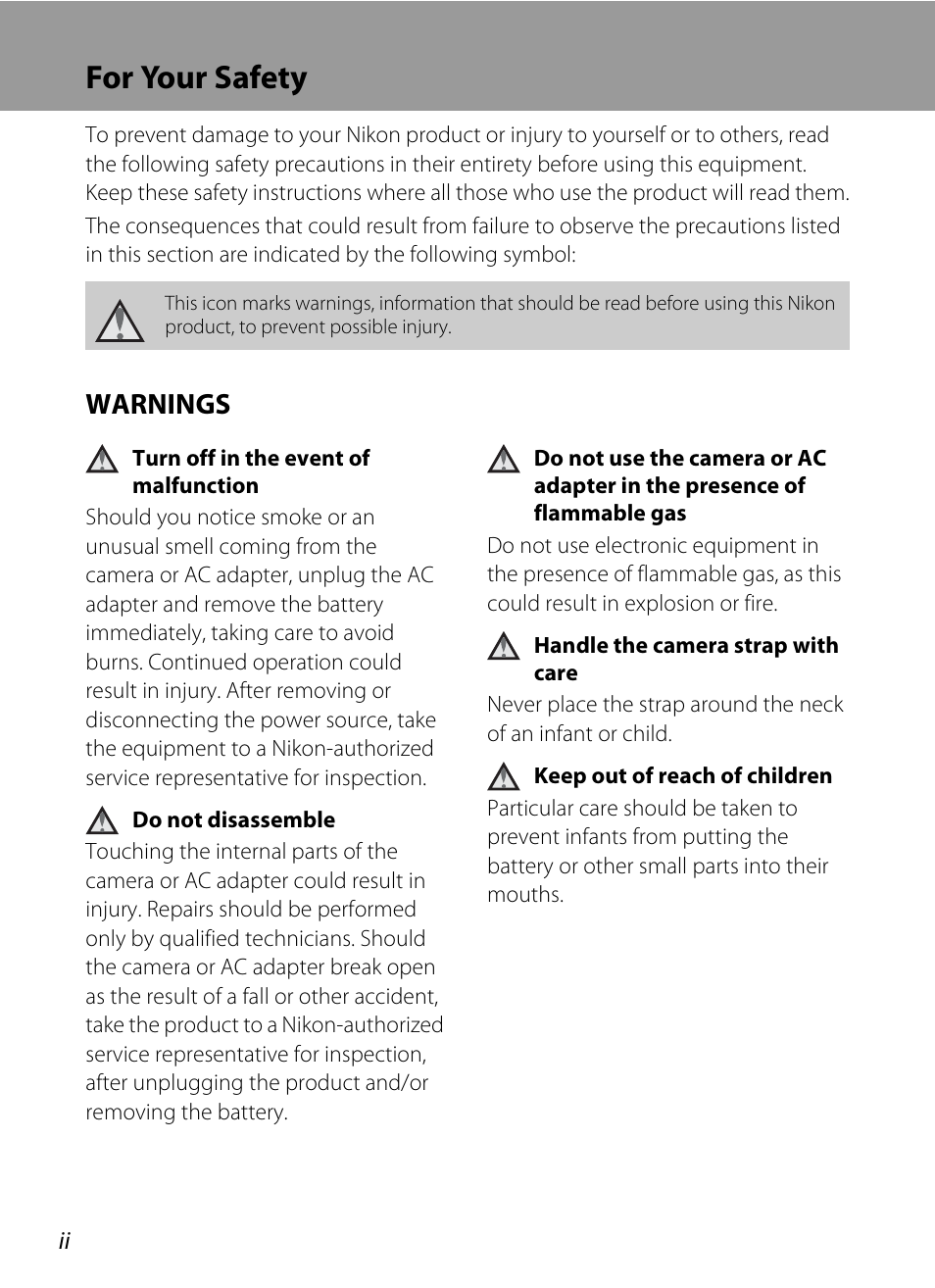 For your safety, Warnings | Nikon S60 User Manual | Page 4 / 184