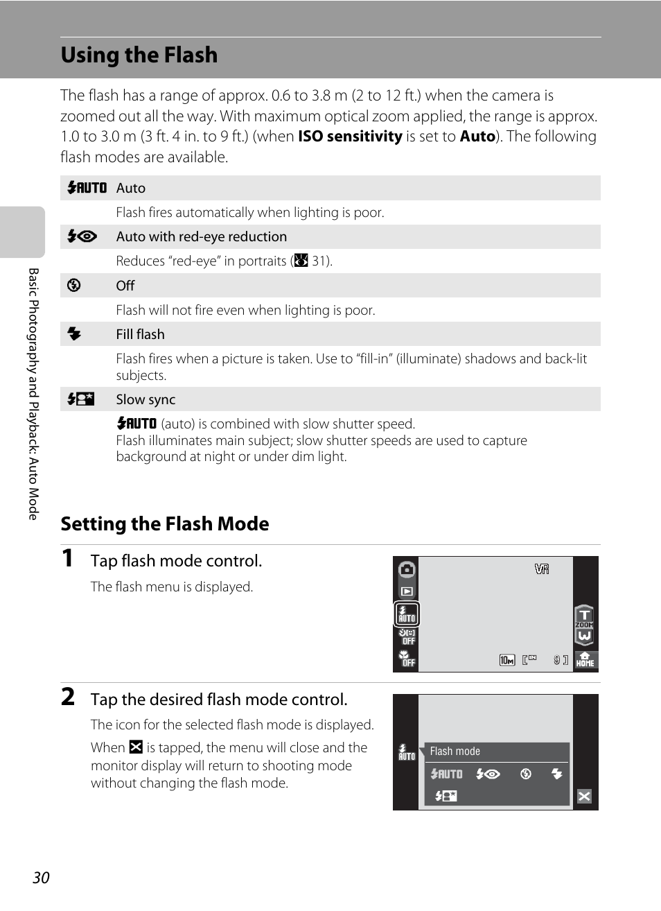 Using the flash, Setting the flash mode, A 30), s | A 30) may fir | Nikon S60 User Manual | Page 42 / 184