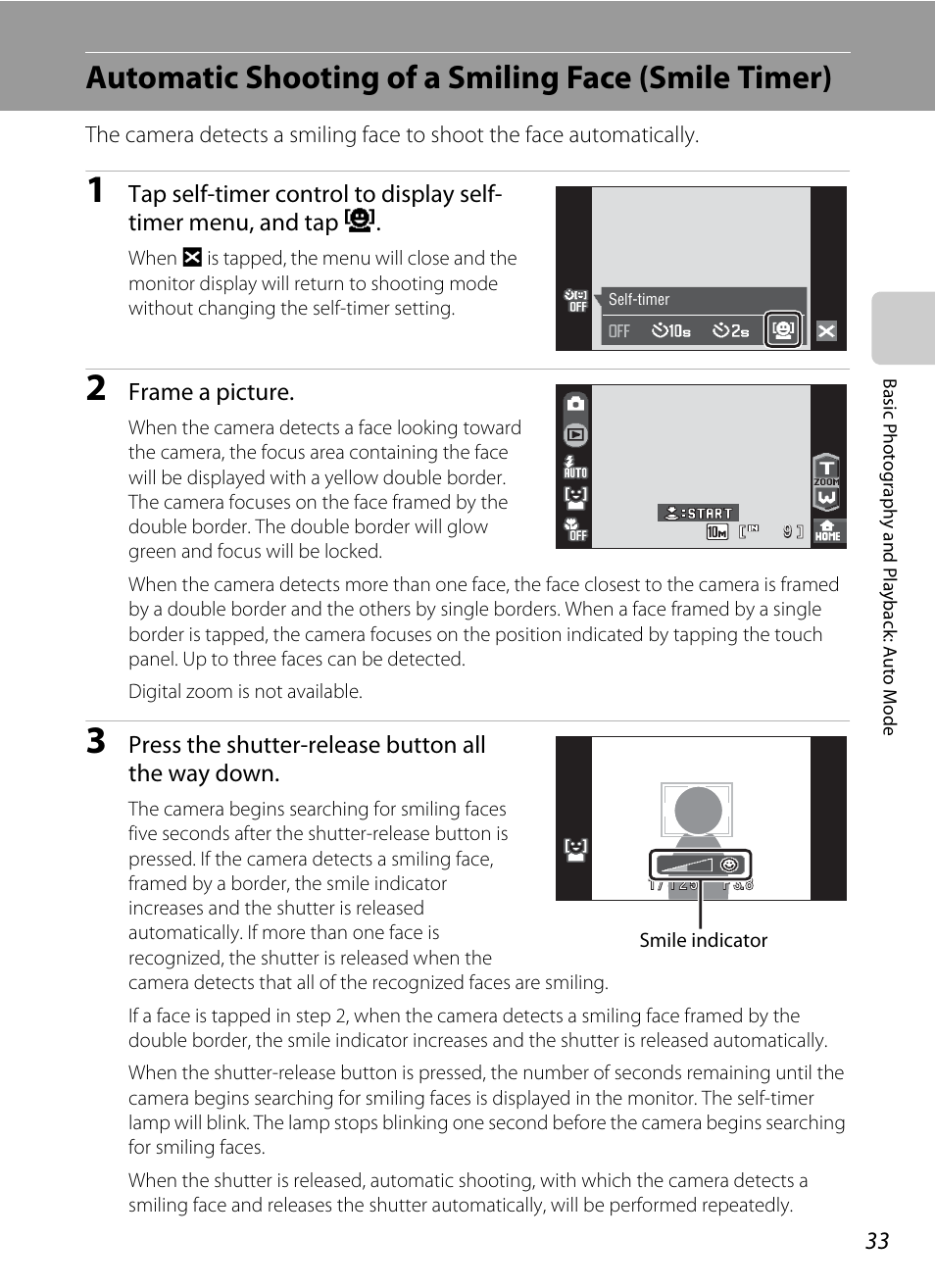 Automatic shooting of a smiling face (smile timer), A 33), Frame a picture | Press the shutter-release button all the way down | Nikon S60 User Manual | Page 45 / 184