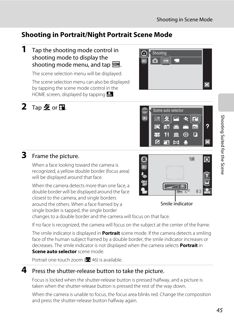 Shooting in portrait/night portrait scene mode, A 45) for, A 45) f | Nikon S60 User Manual | Page 57 / 184