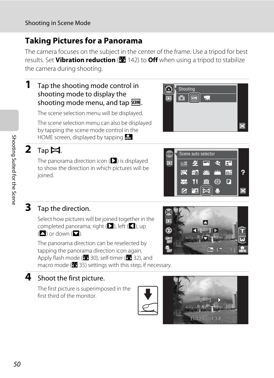Taking pictures for a panorama, A 50) for | Nikon S60 User Manual | Page 62 / 184