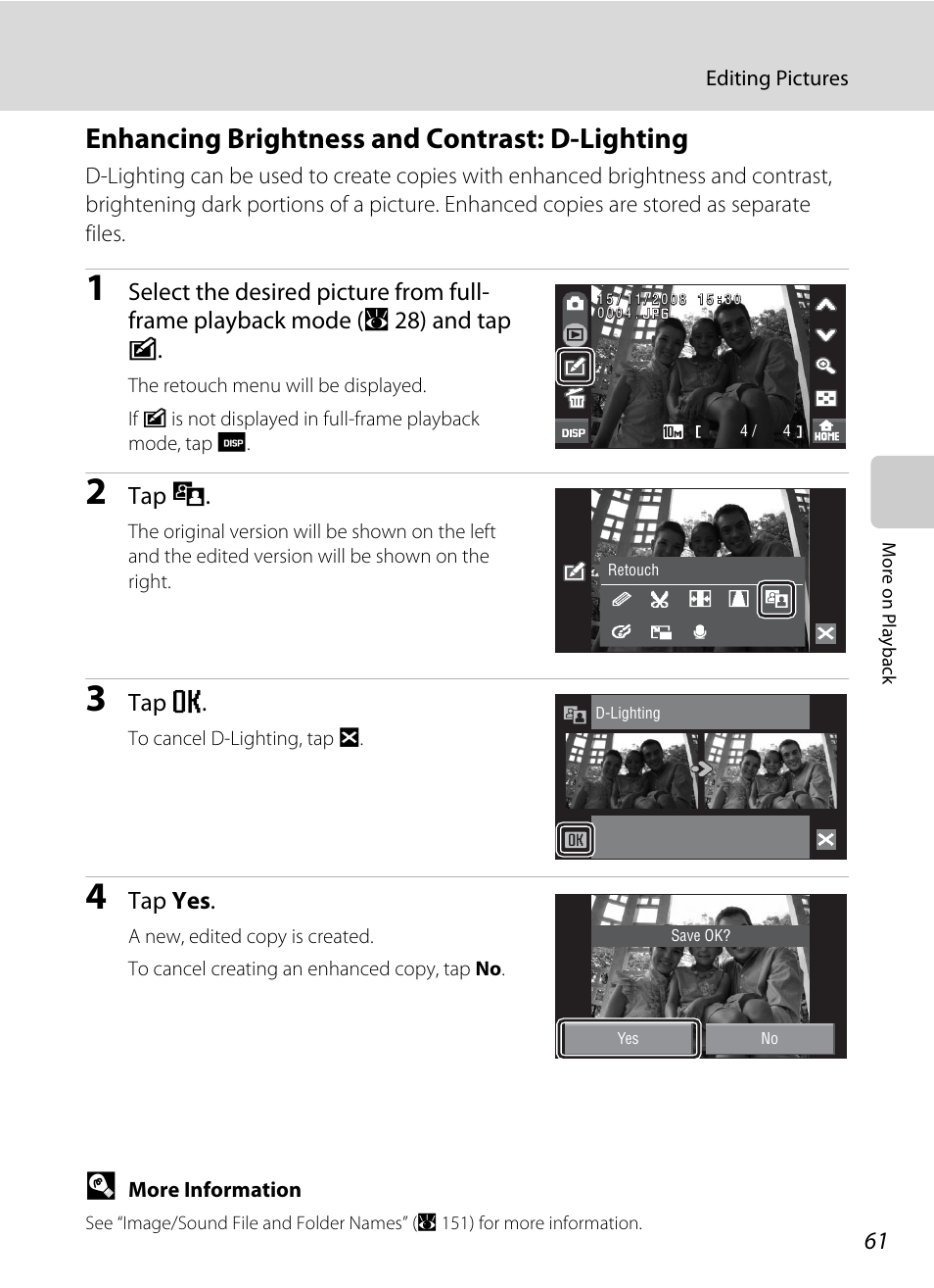 Enhancing brightness and contrast: d-lighting, Lighting, A 61) | Tap j, Tap e, Tap yes | Nikon S60 User Manual | Page 73 / 184