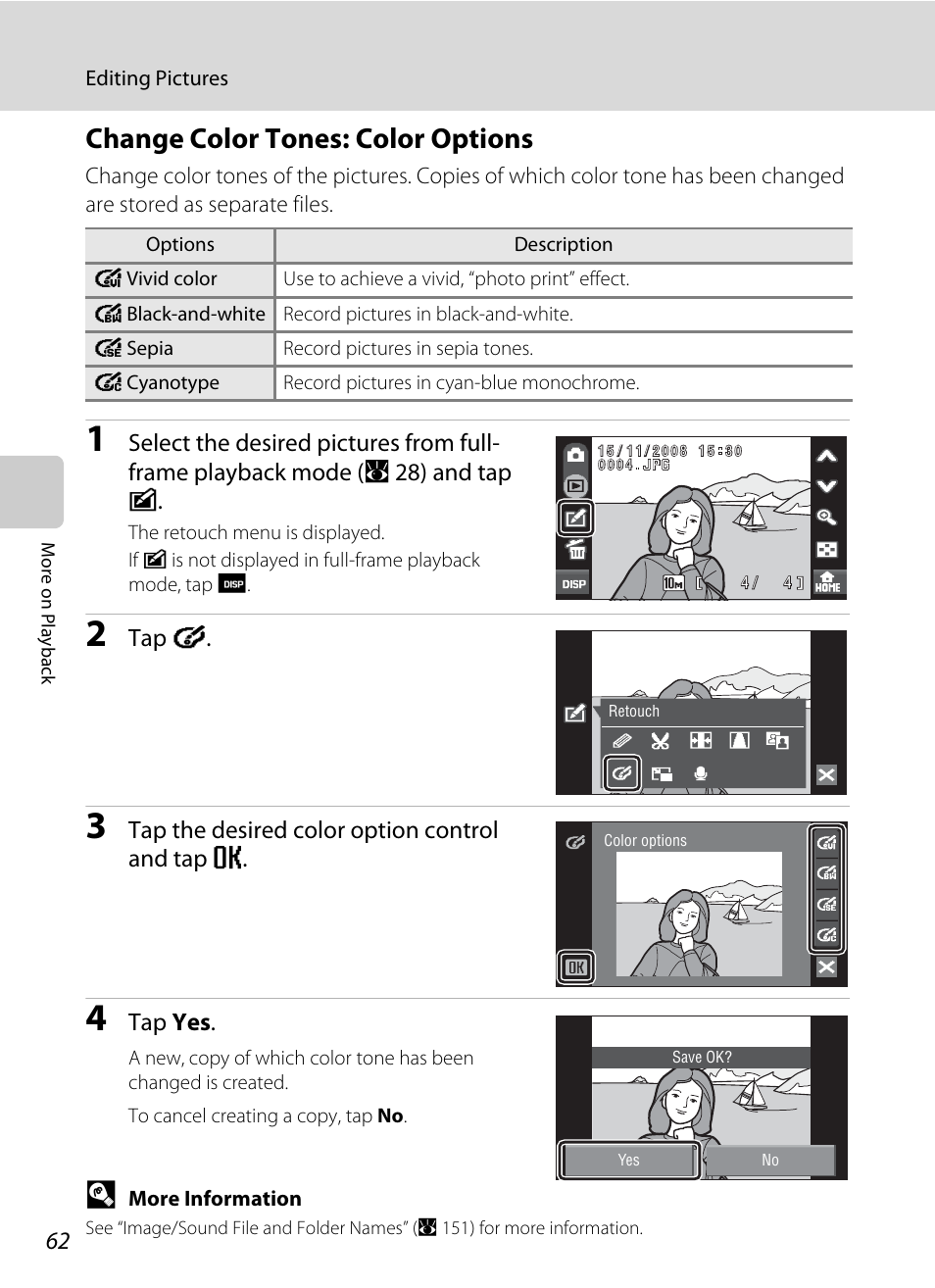 Change color tones: color options, A 62), Tap f | Tap the desired color option control and tap e, Tap yes | Nikon S60 User Manual | Page 74 / 184