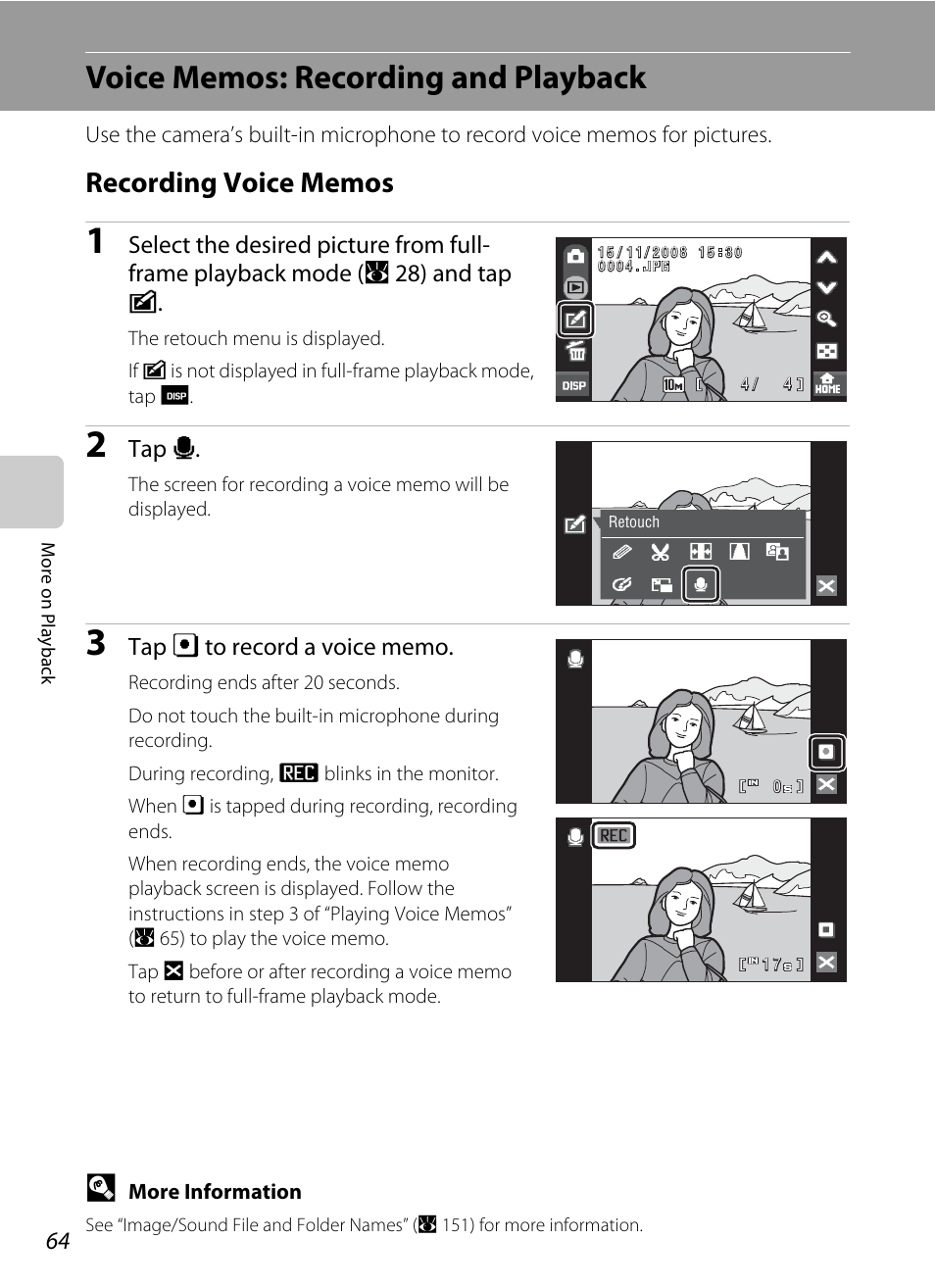 Voice memos: recording and playback, Recording voice memos, Tap e | Nikon S60 User Manual | Page 76 / 184