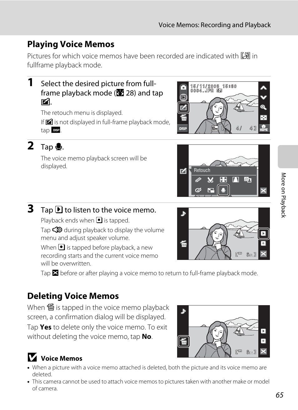 Playing voice memos, Deleting voice memos, Playing voice memos deleting voice memos | A 65), Tap e | Nikon S60 User Manual | Page 77 / 184