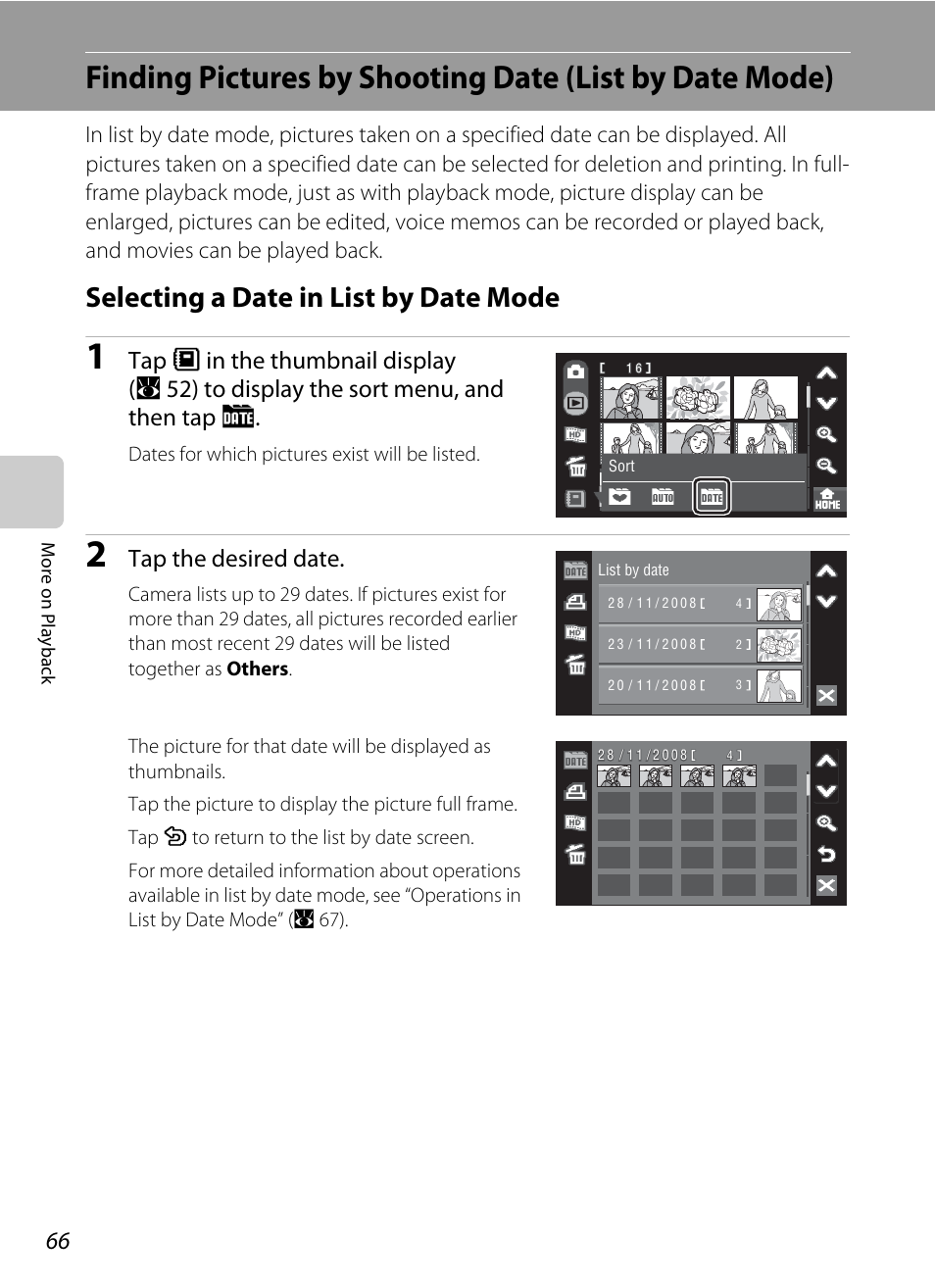 Selecting a date in list by date mode, A 66, 69, Tap the desired date | Nikon S60 User Manual | Page 78 / 184