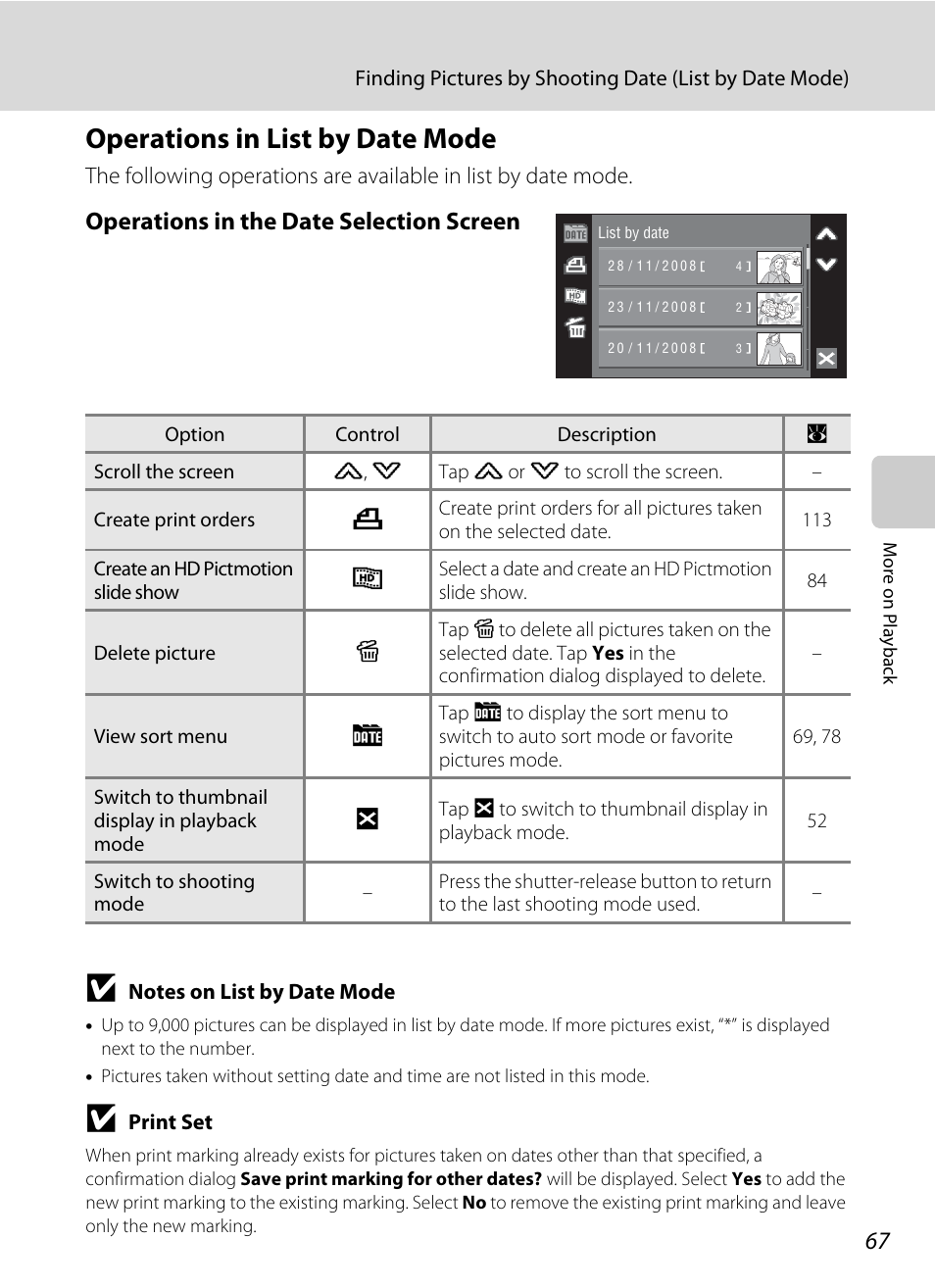 Operations in list by date mode, A 67, 69, See “operations in list by date mode | A 67), Operations in the date selection screen | Nikon S60 User Manual | Page 79 / 184