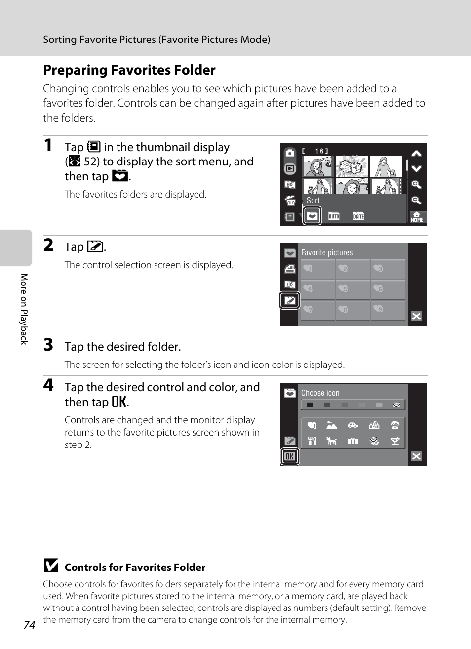 Preparing favorites folder, A 74) | Nikon S60 User Manual | Page 86 / 184