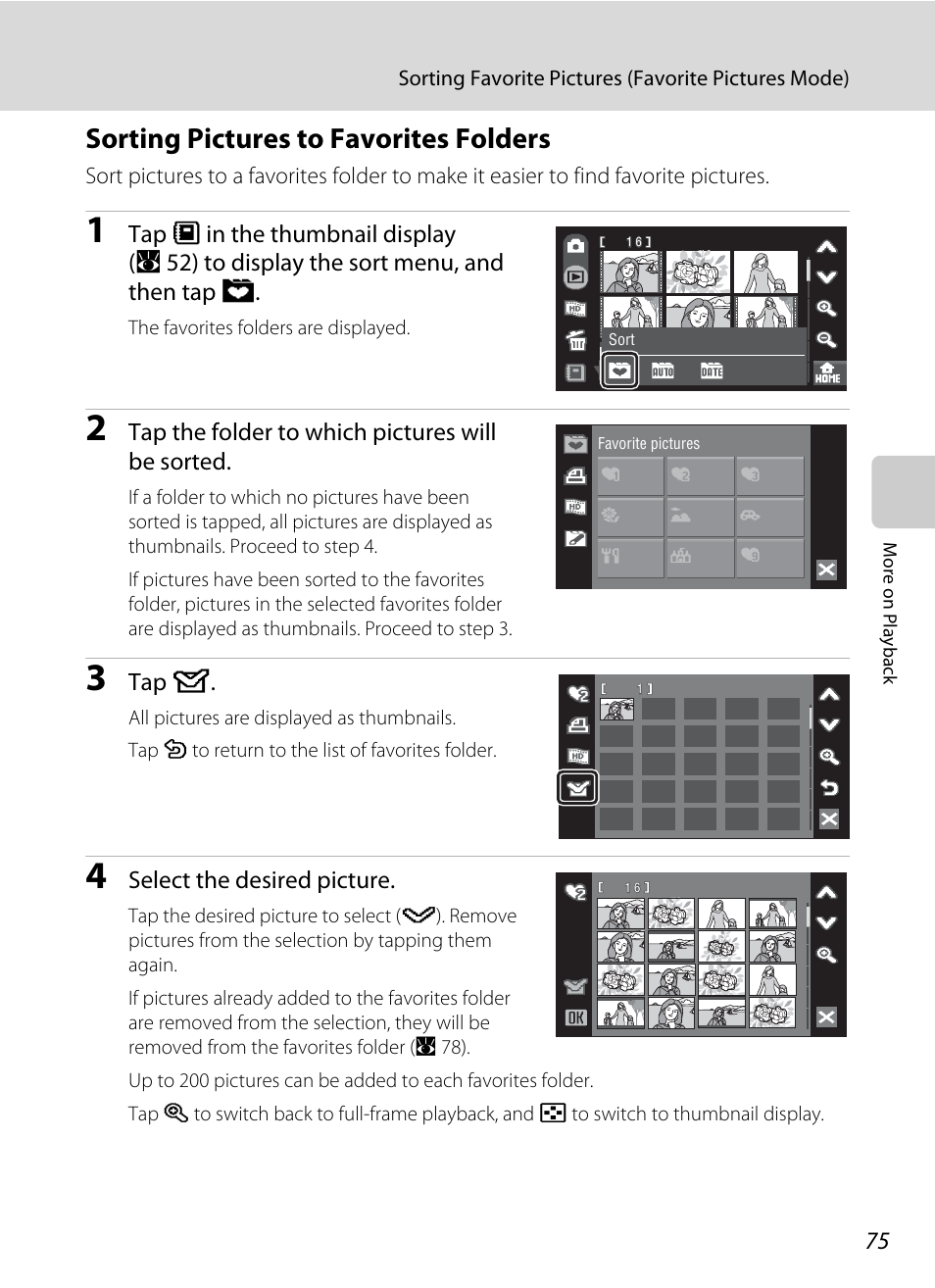 Sorting pictures to favorites folders, A 75) | Nikon S60 User Manual | Page 87 / 184