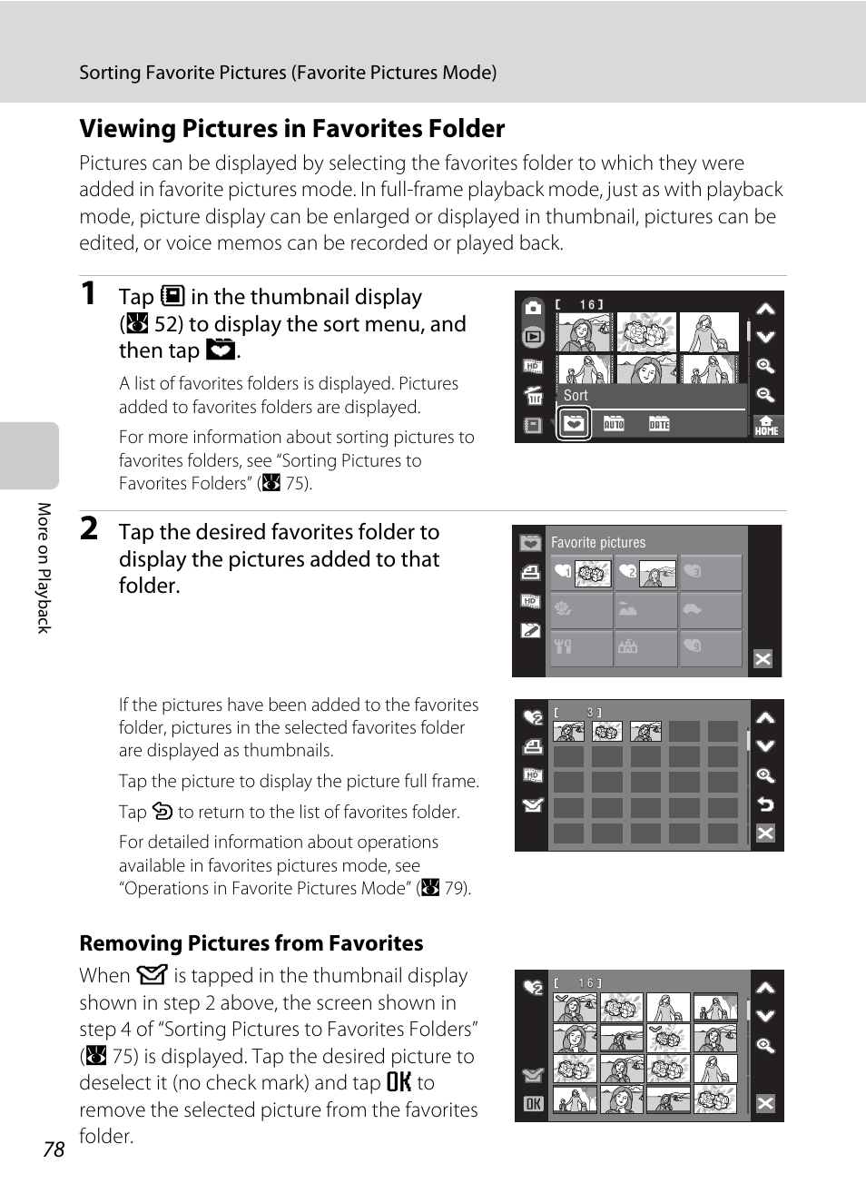Viewing pictures in favorites folder, A 78), Removing pictures from favorites | Nikon S60 User Manual | Page 90 / 184