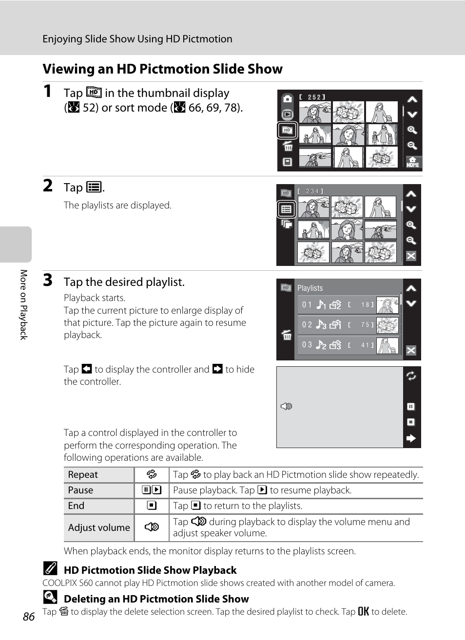 Viewing an hd pictmotion slide show, Tap r, Tap the desired playlist | Nikon S60 User Manual | Page 98 / 184