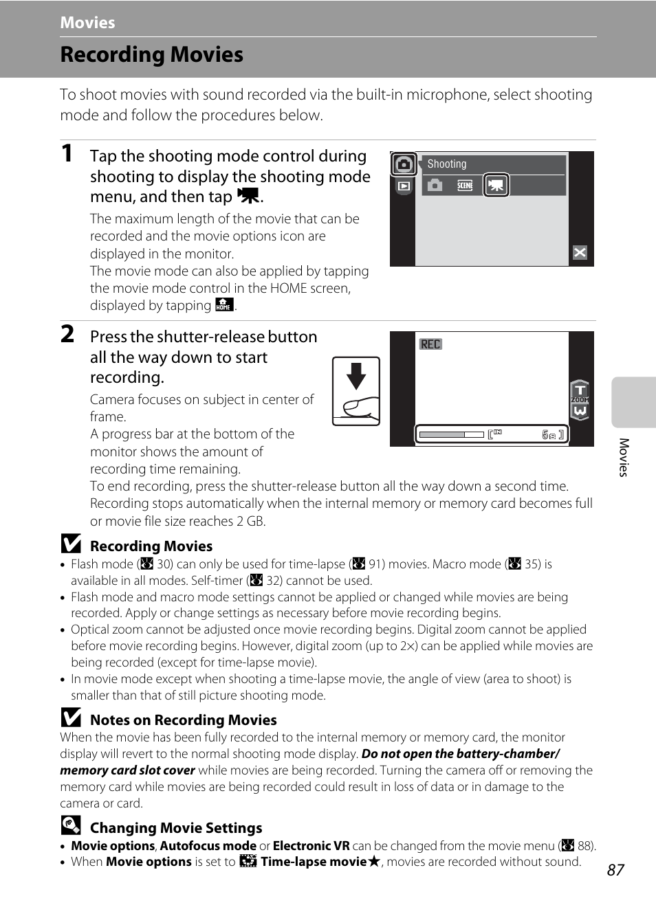 Movies, Recording movies, D movies | A 87) are | Nikon S60 User Manual | Page 99 / 184
