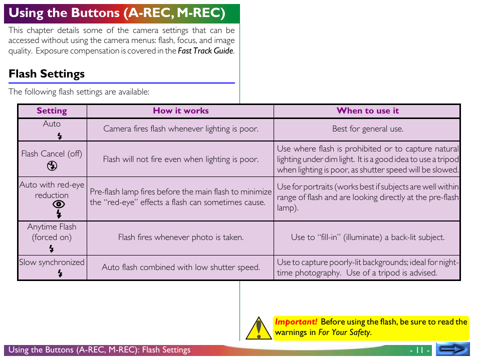 Using the buttons (a-rec, m-rec), Flash settings | Nikon 700 User Manual | Page 11 / 53
