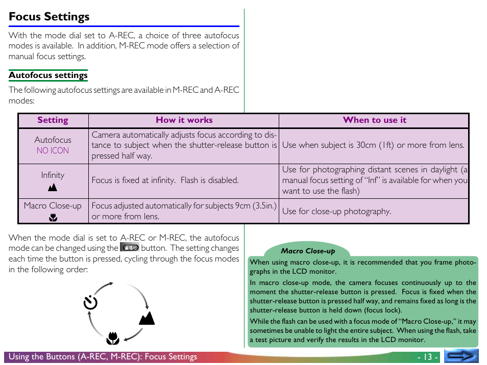 Focus settings | Nikon 700 User Manual | Page 13 / 53