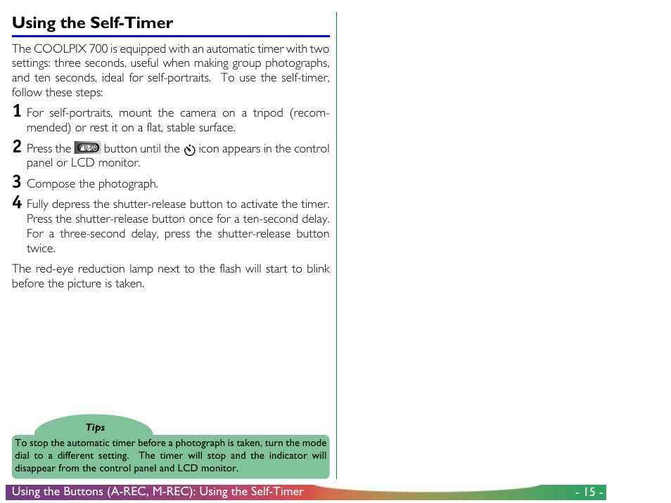 Using the self-timer | Nikon 700 User Manual | Page 15 / 53