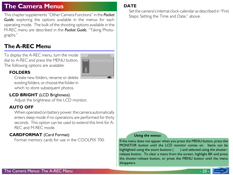 The camera menus, The a-rec menu | Nikon 700 User Manual | Page 20 / 53
