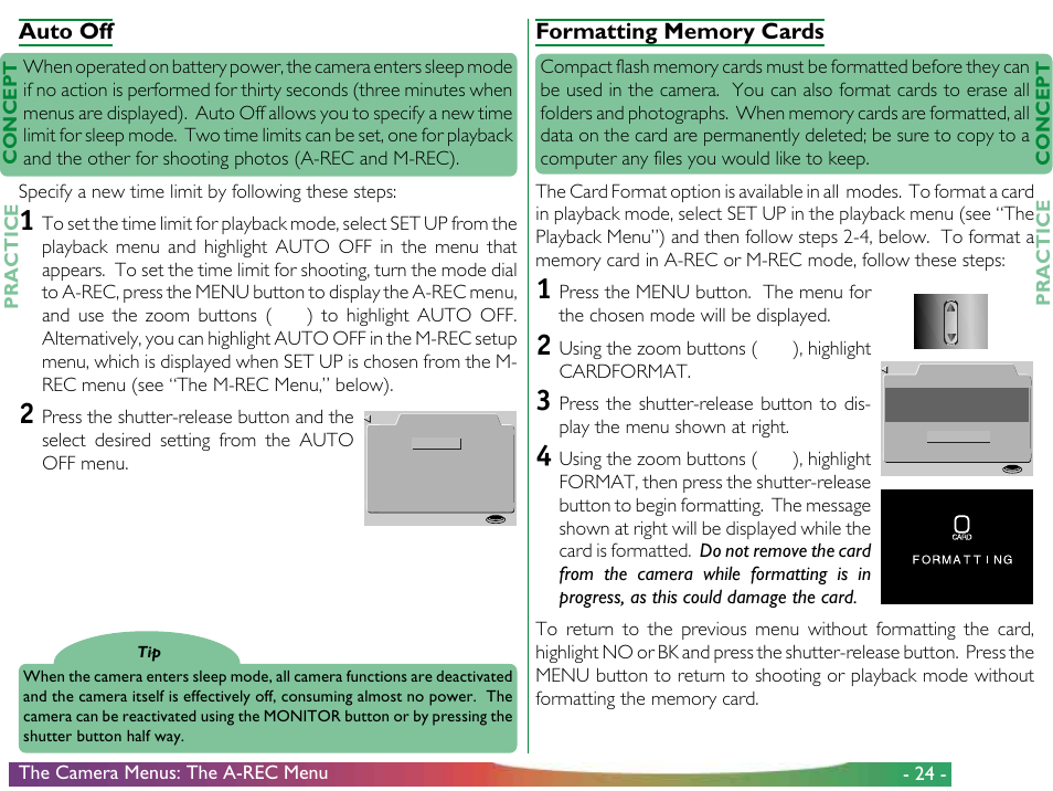 Auto off, Formatting memory cards, Auto off formatting memory cards | Nikon 700 User Manual | Page 24 / 53
