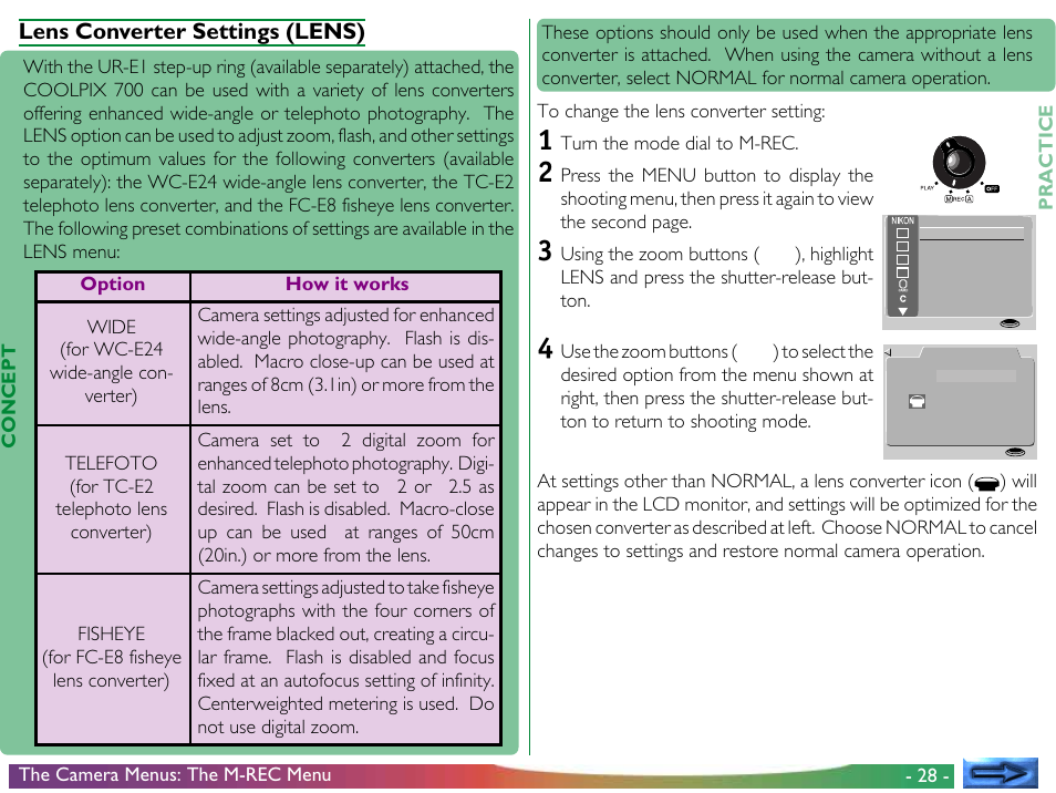 Lens converter settings (lens) | Nikon 700 User Manual | Page 28 / 53