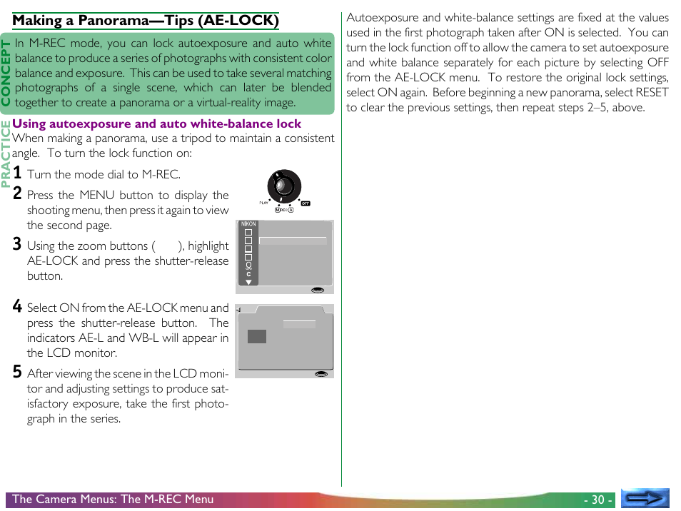 Making a panorama—tips (ae-lock), 30 - concept practice, Turn the mode dial to m-rec | Nikon 700 User Manual | Page 30 / 53
