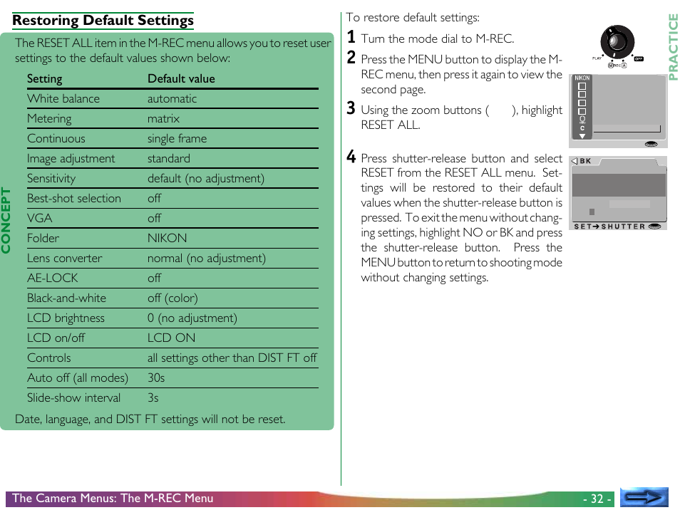Restoring default settings | Nikon 700 User Manual | Page 32 / 53