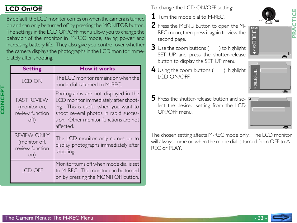 Lcd on/off, Turn the mode dial to m-rec, Using the zoom buttons (▲▼), highlight lcd on/off | Nikon 700 User Manual | Page 33 / 53