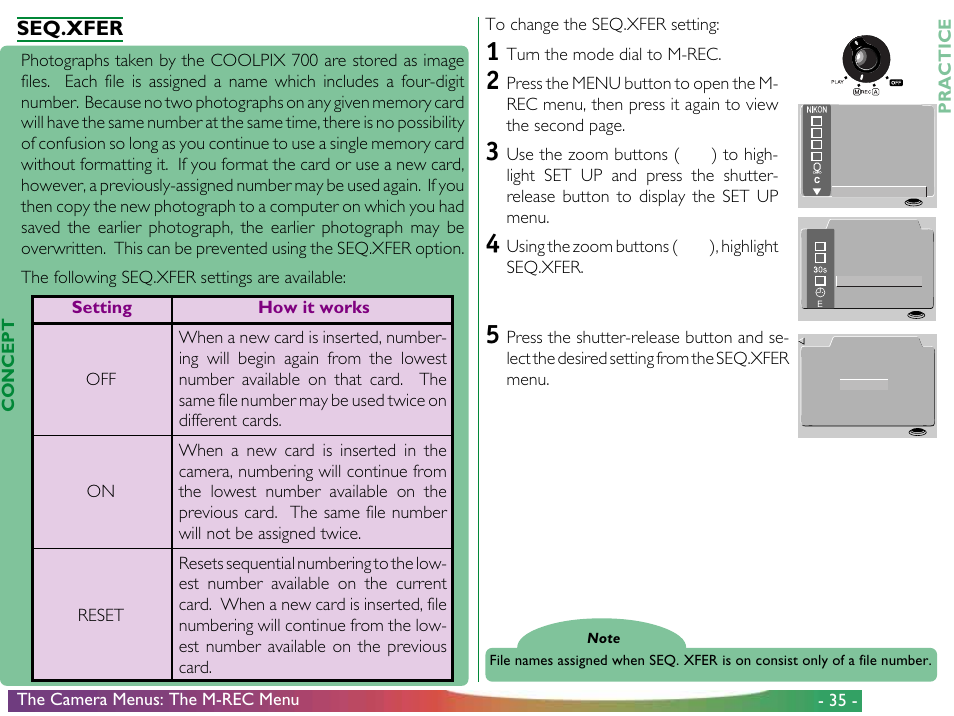 Seq.xfer, Turn the mode dial to m-rec, Using the zoom buttons (▲▼), highlight seq.xfer | Nikon 700 User Manual | Page 35 / 53