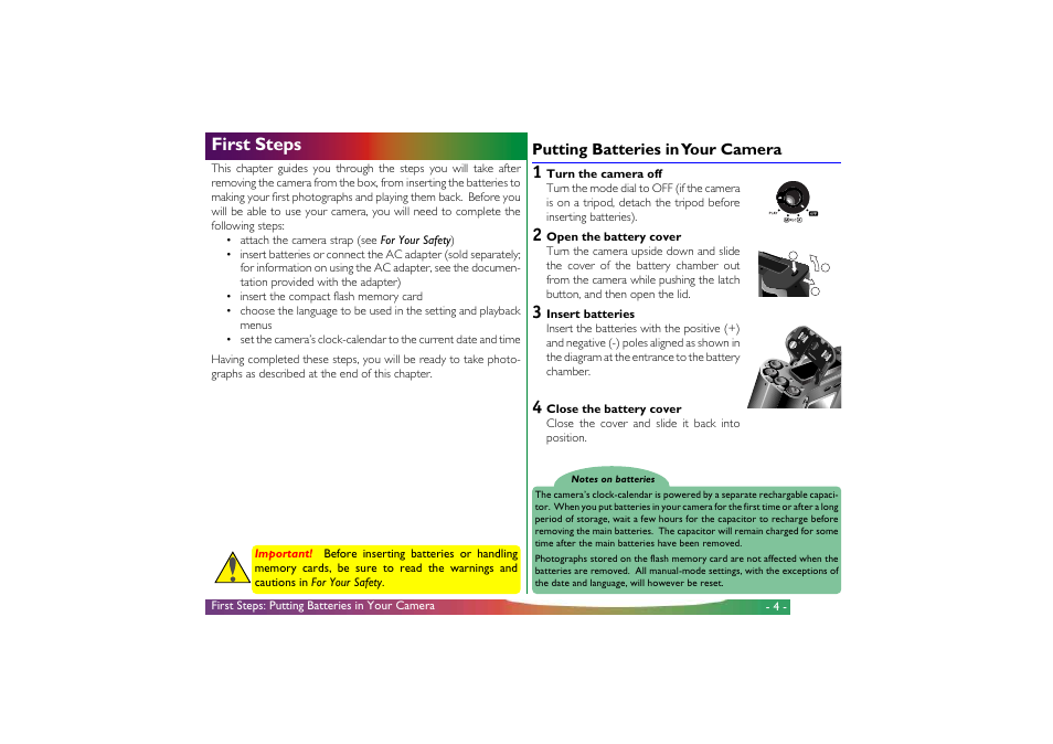 First steps, Putting batteries in your camera | Nikon 700 User Manual | Page 4 / 53