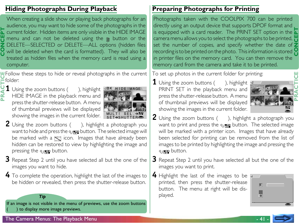 Hiding photographs during playback, Preparing photographs for printing | Nikon 700 User Manual | Page 41 / 53