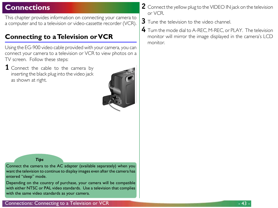 Connections, Connecting to a television or vcr | Nikon 700 User Manual | Page 43 / 53