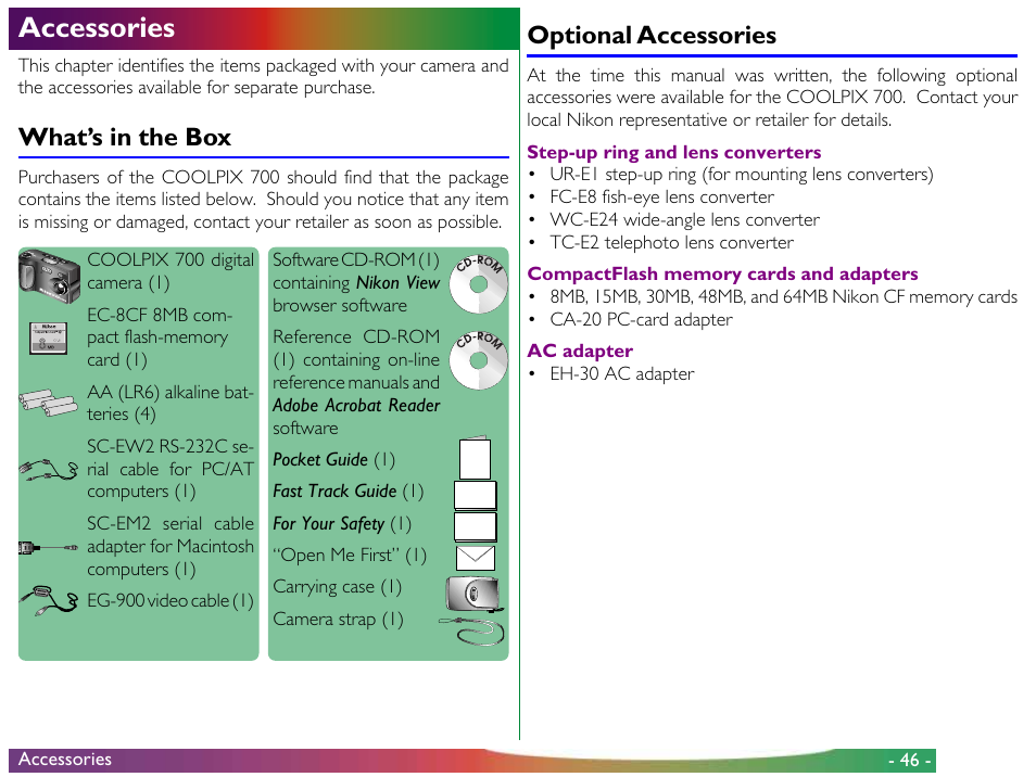 Accessories, What’s in the box, Optional accessories | What’s in the box optional accessories | Nikon 700 User Manual | Page 46 / 53