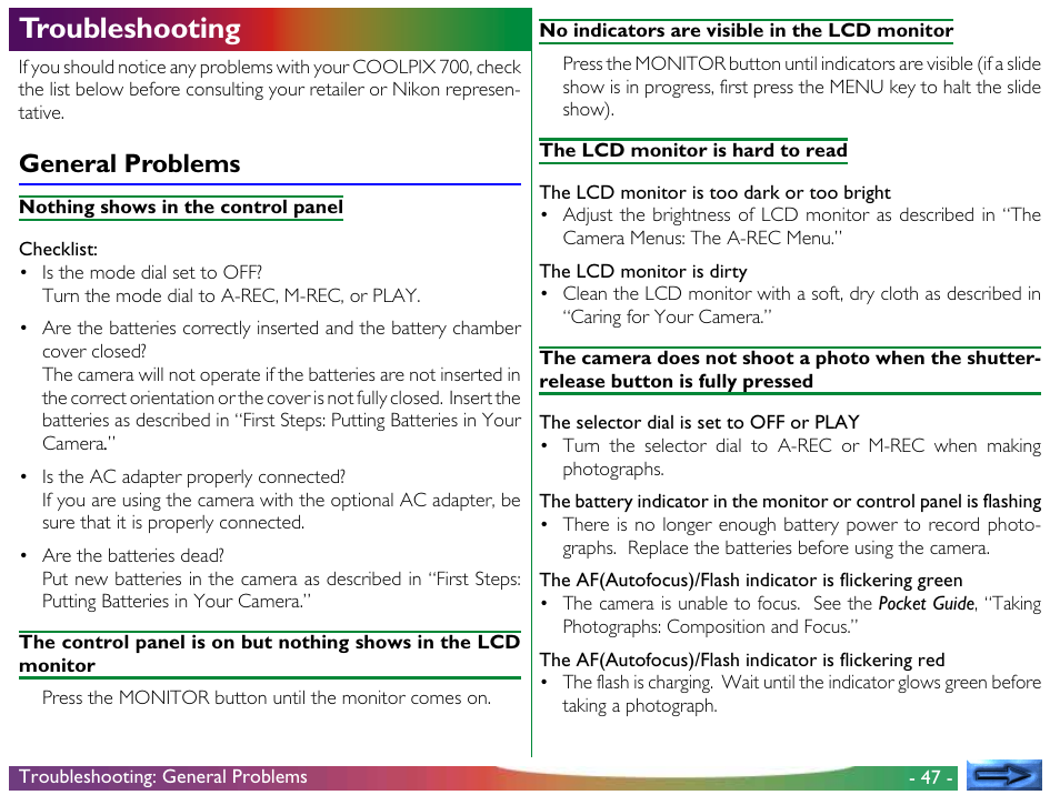 Troubleshooting, General problems | Nikon 700 User Manual | Page 47 / 53